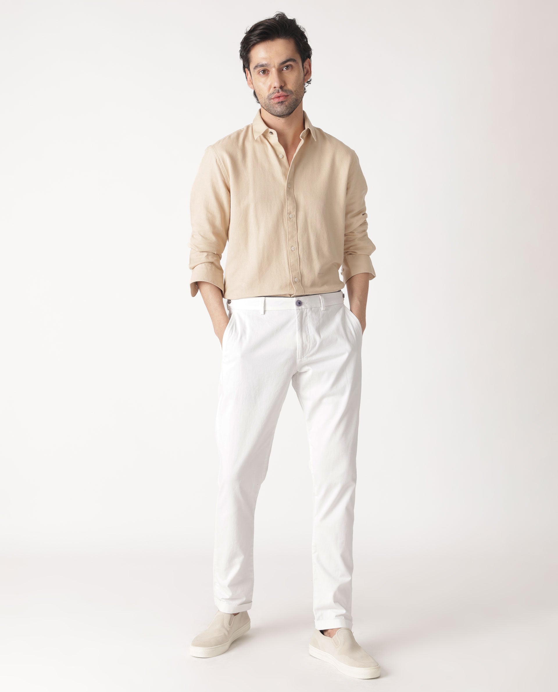 Rare Rabbit Mens Otago Beige Cotton Fabric Full Sleeves Regular Fit Solid Twill Shirt