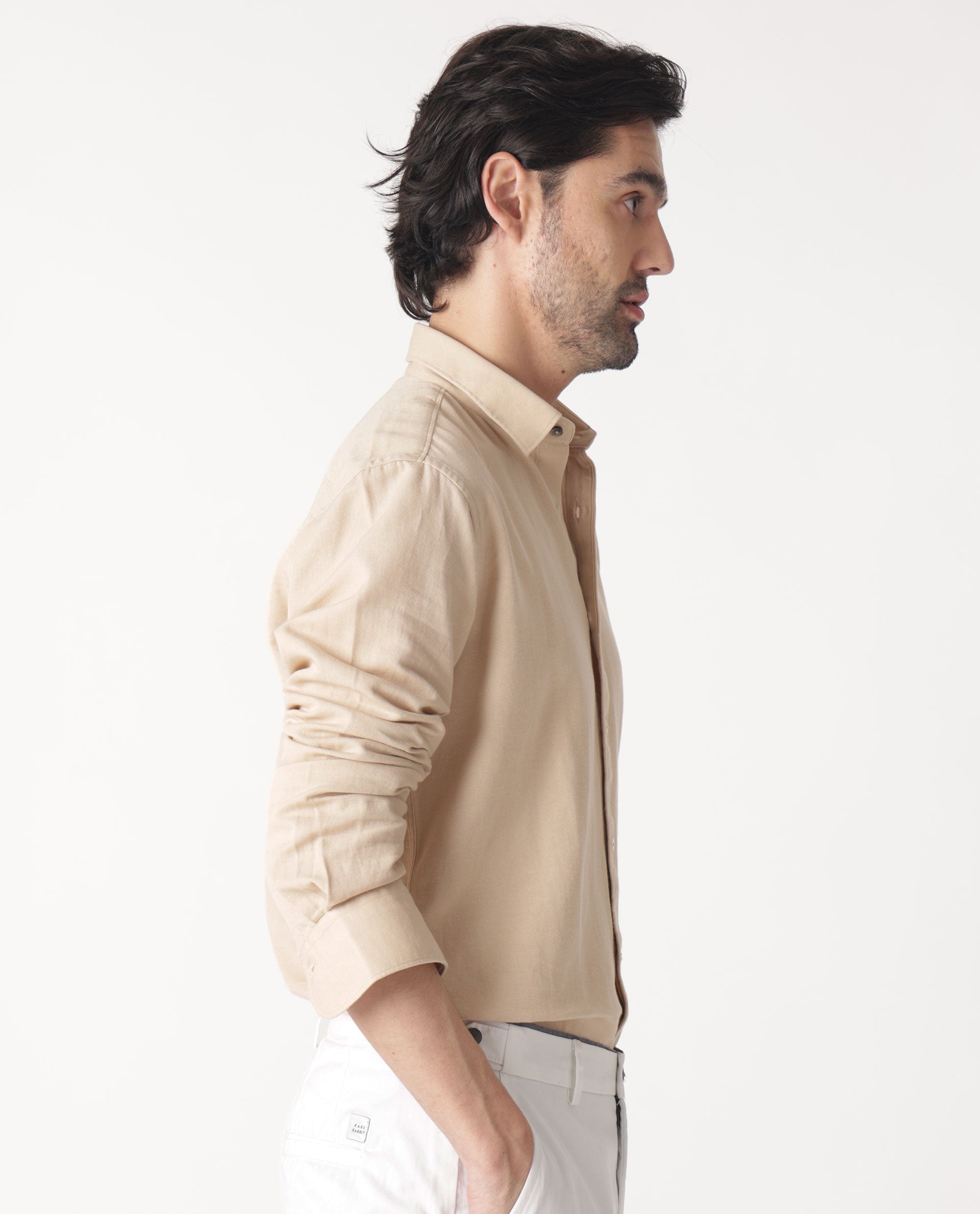 Rare Rabbit Mens Otago Beige Cotton Fabric Full Sleeves Regular Fit Solid Twill Shirt
