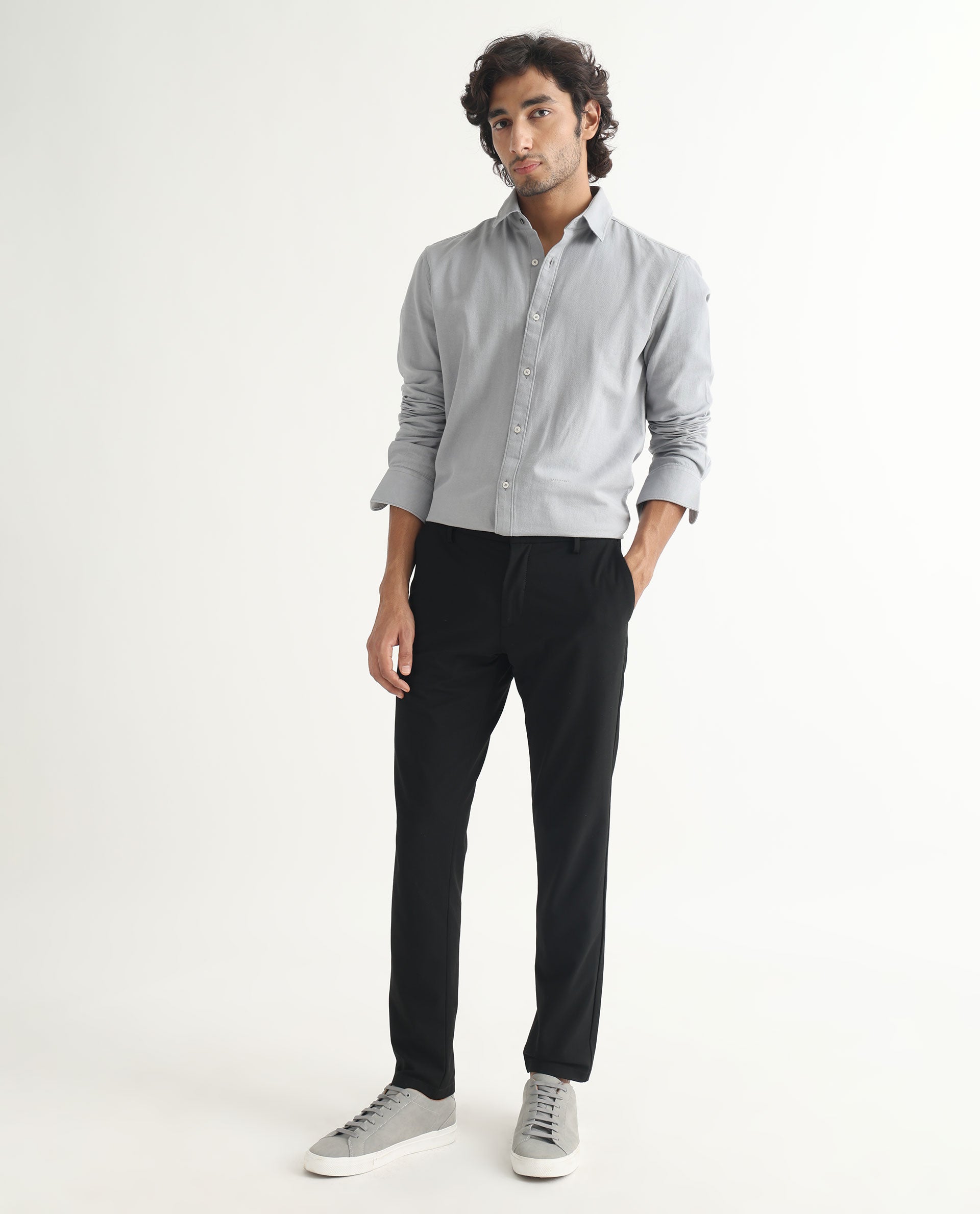 Rare Rabbit Mens Otago Grey Cotton Fabric Full Sleeves Regular Fit Solid Twill Shirt