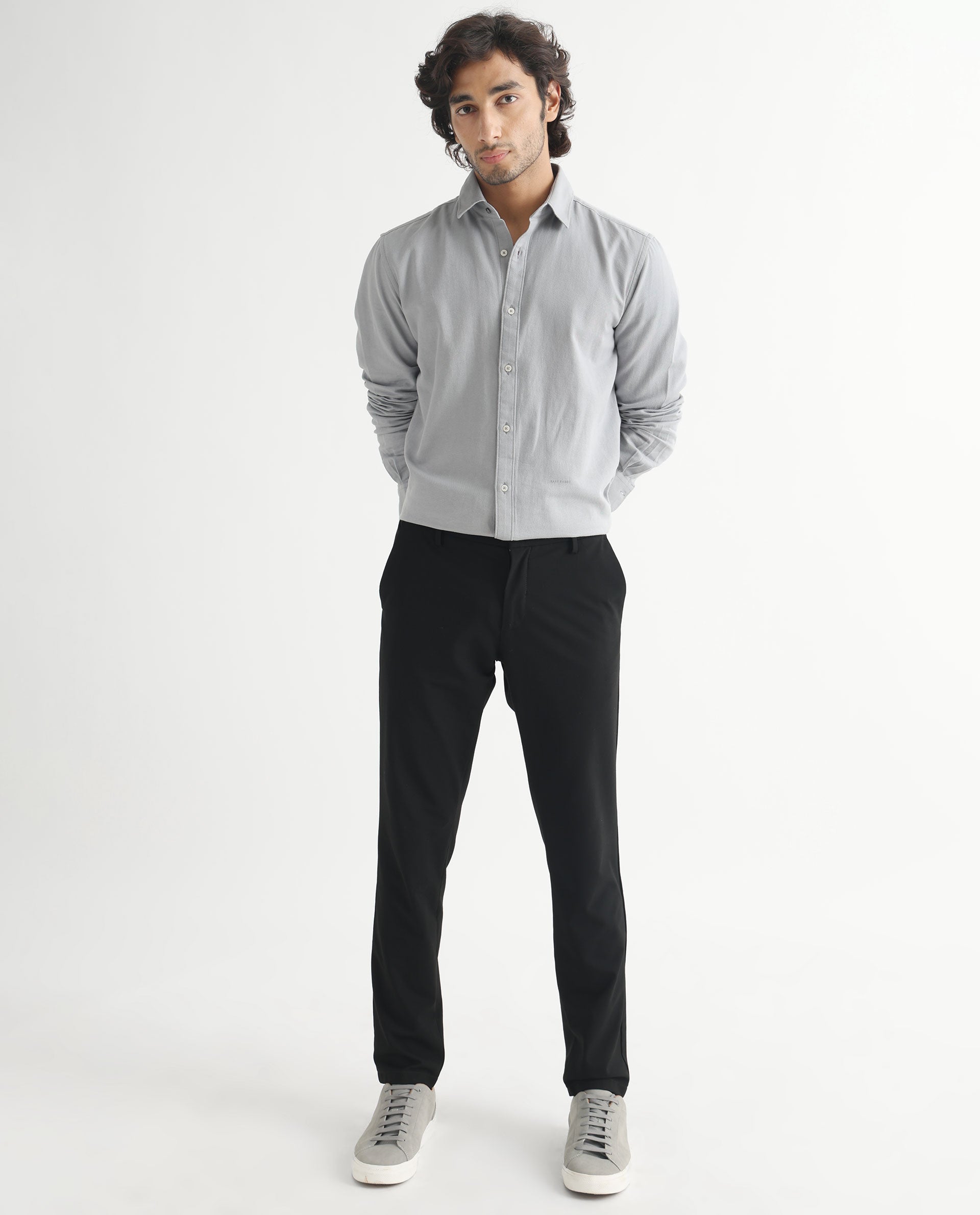 Rare Rabbit Mens Otago Grey Cotton Fabric Full Sleeves Regular Fit Solid Twill Shirt