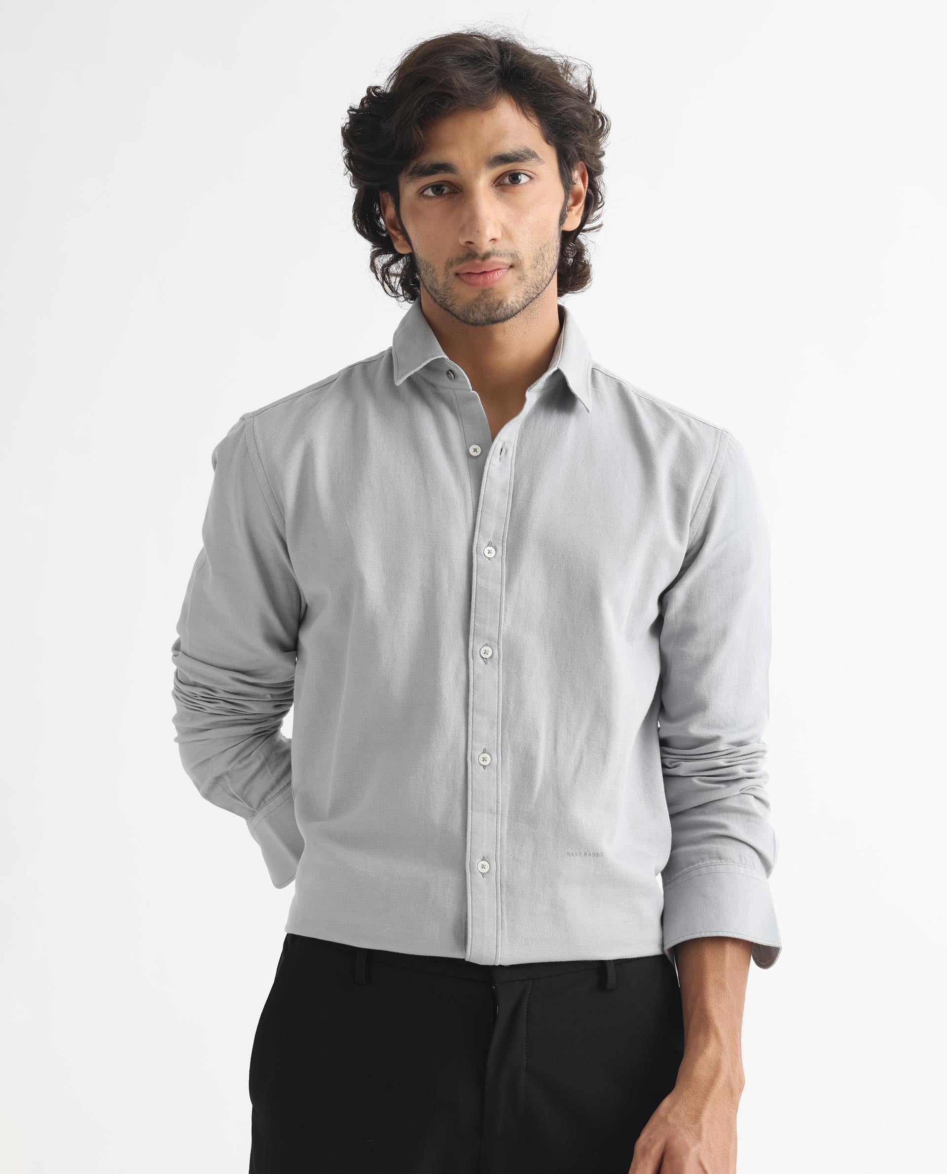 Rare Rabbit Mens Otago Grey Cotton Fabric Full Sleeves Regular Fit Solid Twill Shirt