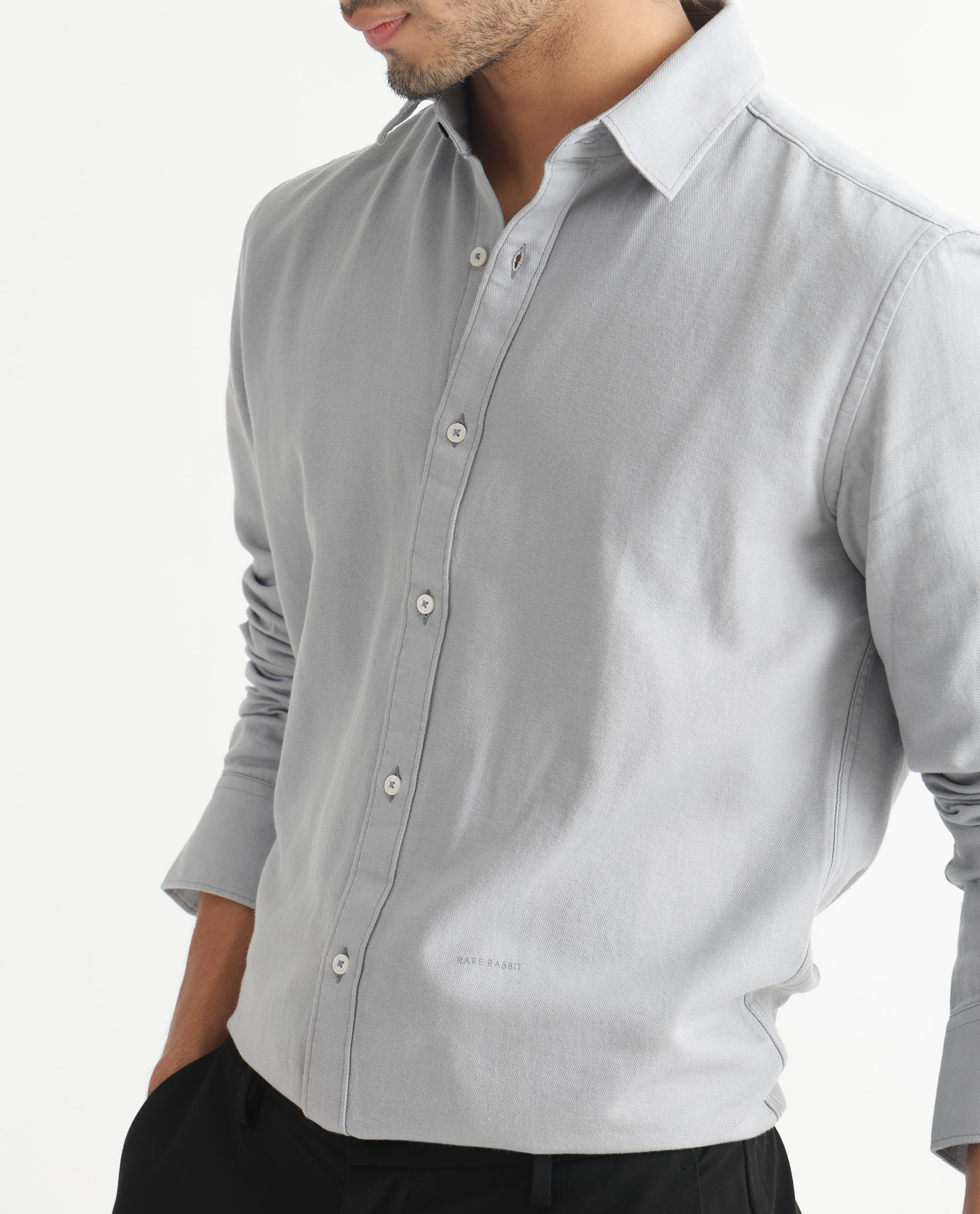 Rare Rabbit Mens Otago Grey Cotton Fabric Full Sleeves Regular Fit Solid Twill Shirt