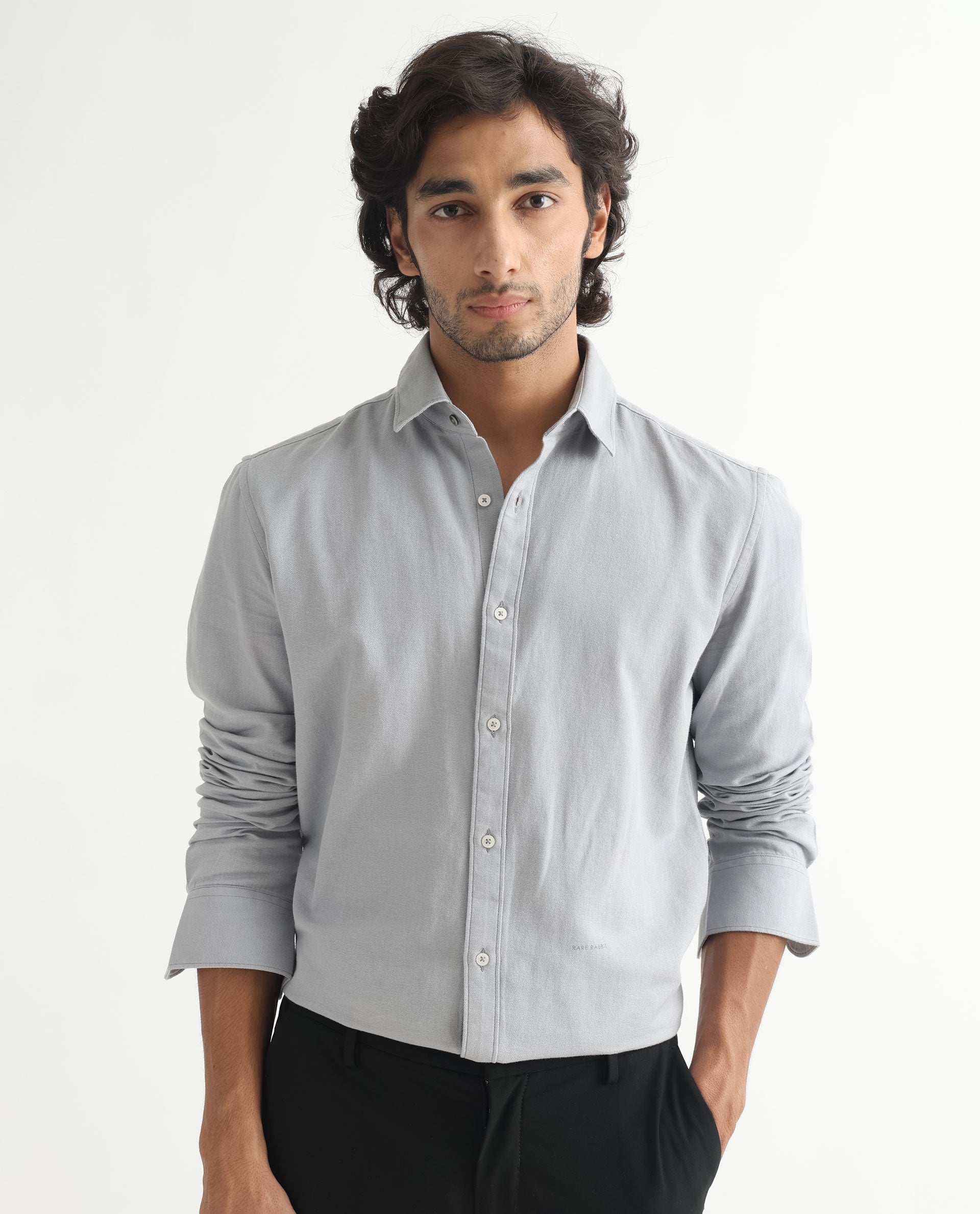 Rare Rabbit Mens Otago Grey Cotton Fabric Full Sleeves Regular Fit Solid Twill Shirt