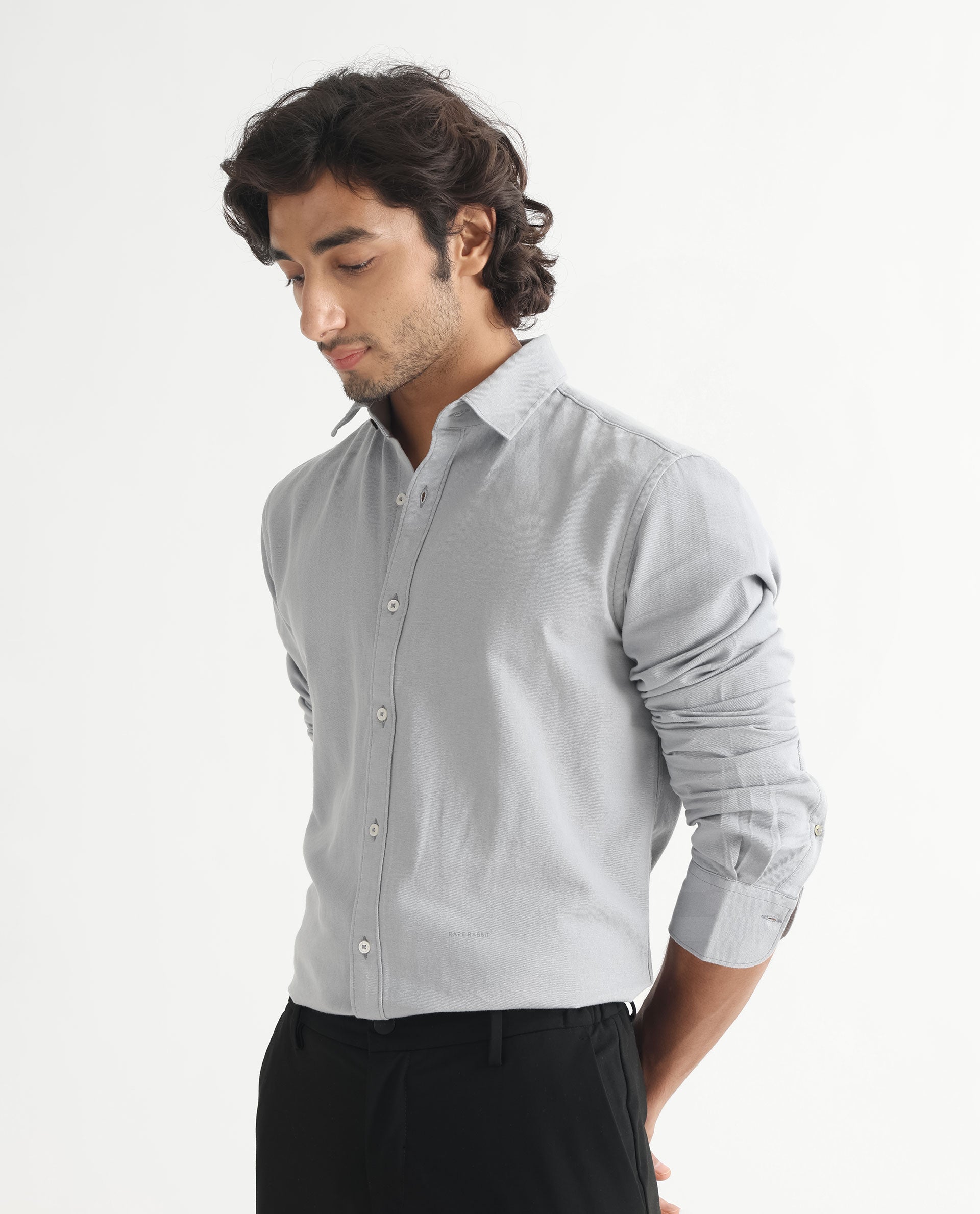 Rare Rabbit Mens Otago Grey Cotton Fabric Full Sleeves Regular Fit Solid Twill Shirt