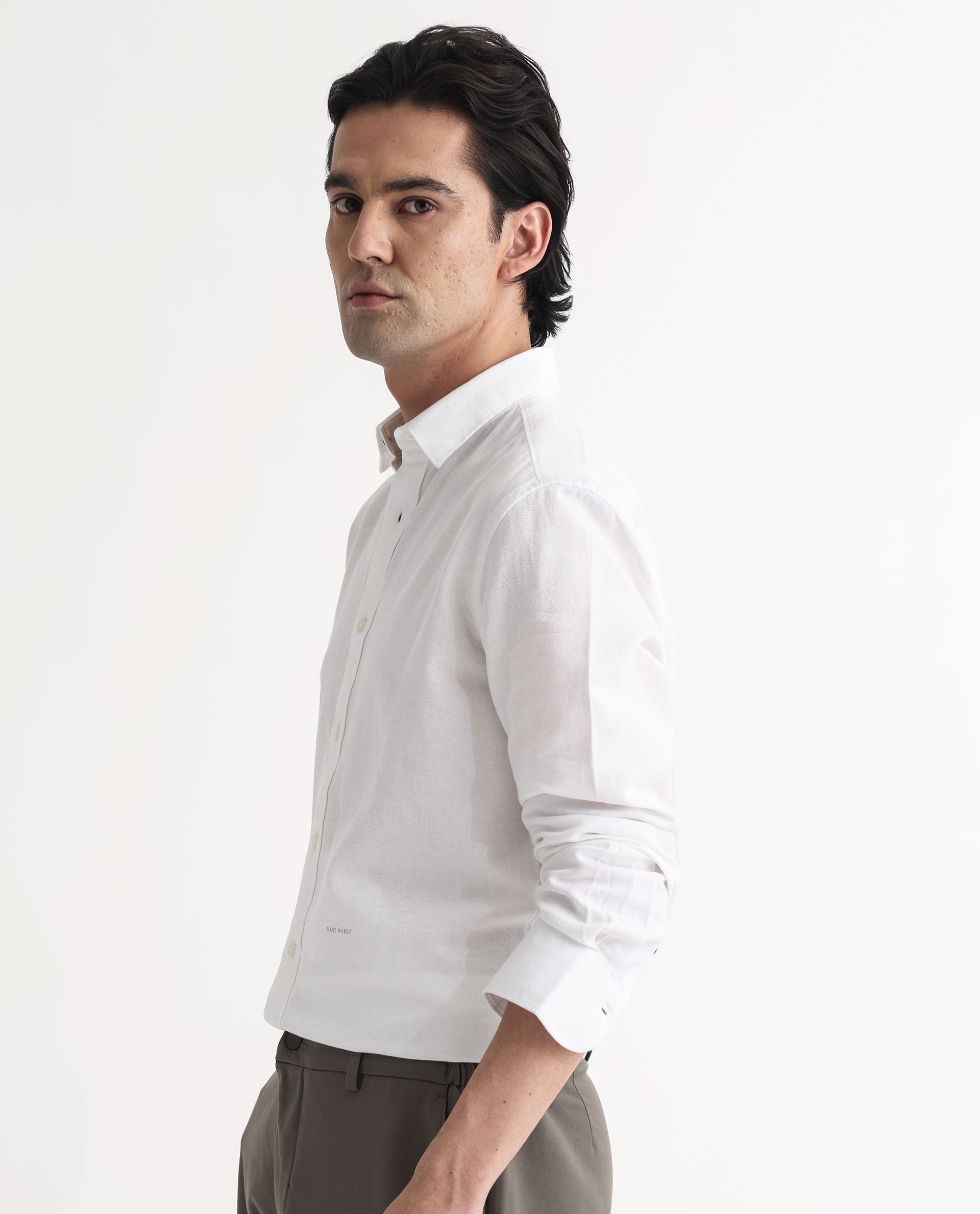 Rare Rabbit Mens Otago White Cotton Fabric Full Sleeves Regular Fit Solid Twill Shirt