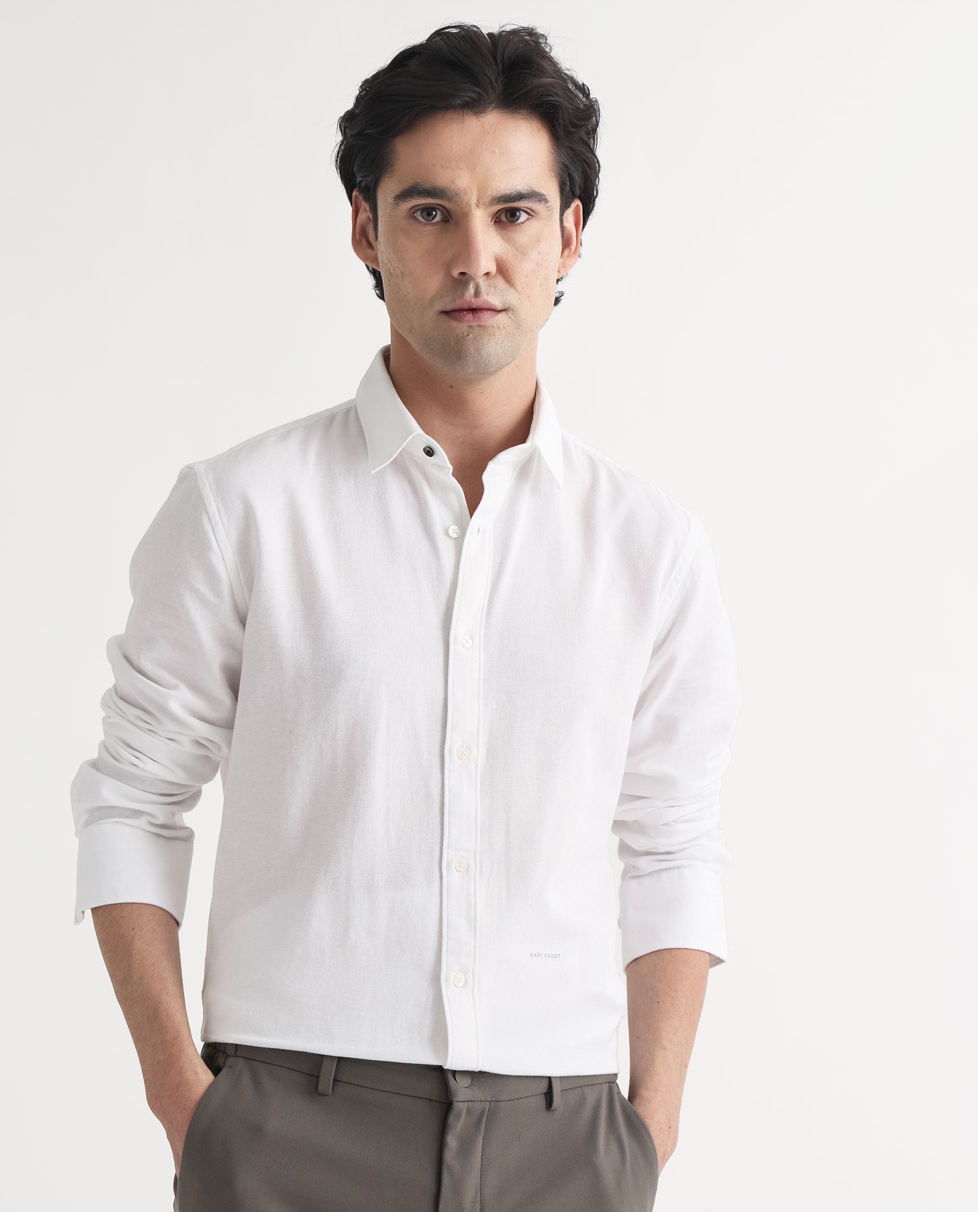 Rare Rabbit Mens Otago White Cotton Fabric Full Sleeves Regular Fit Solid Twill Shirt