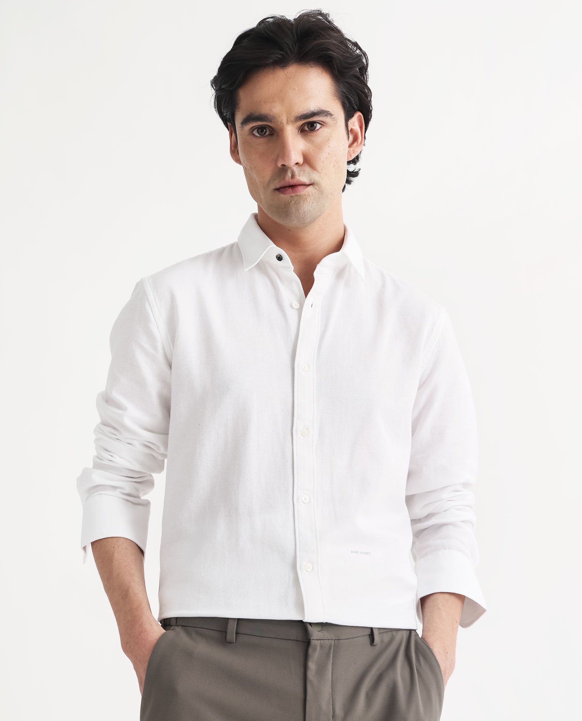Rare Rabbit Mens Otago White Cotton Fabric Full Sleeves Regular Fit Solid Twill Shirt