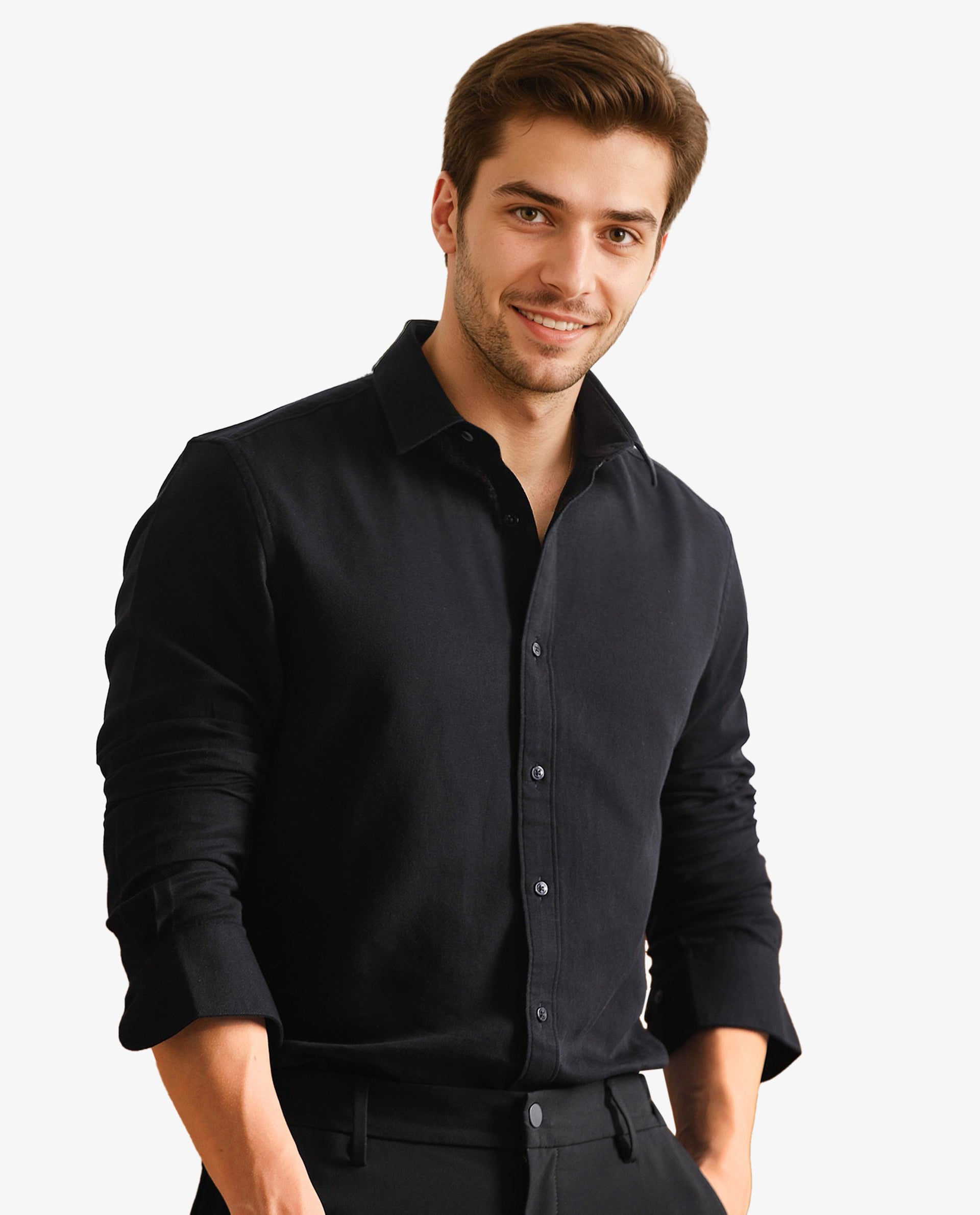 Rare Rabbit Men's Otago Black Cotton Plain Regular Fit Full Sleeve Collared Shirt