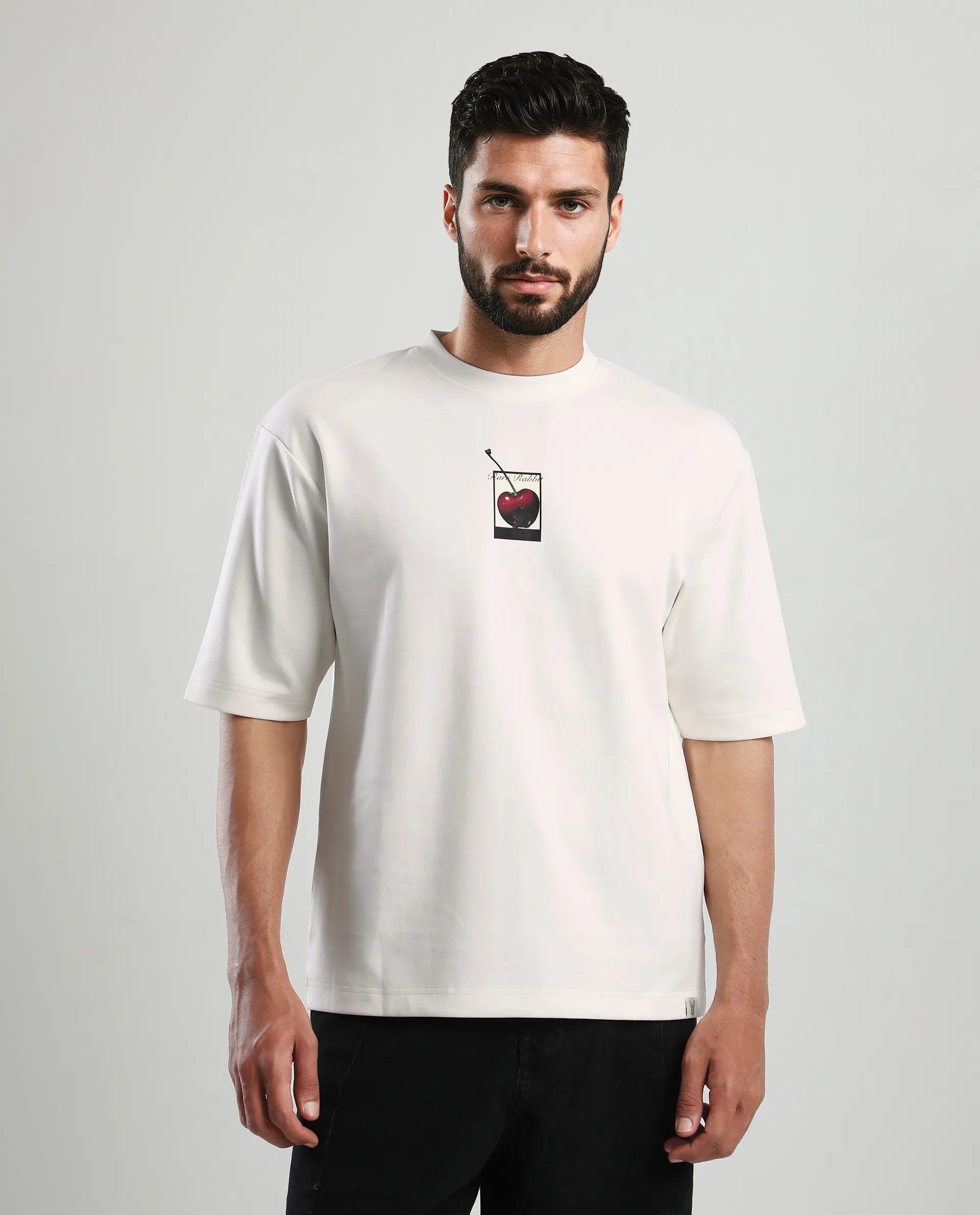 Rare Rabbit Men's Otar Off White Cotton Blend Graphic Print Regular Fit Half Sleeve Crew Neck T-Shirt