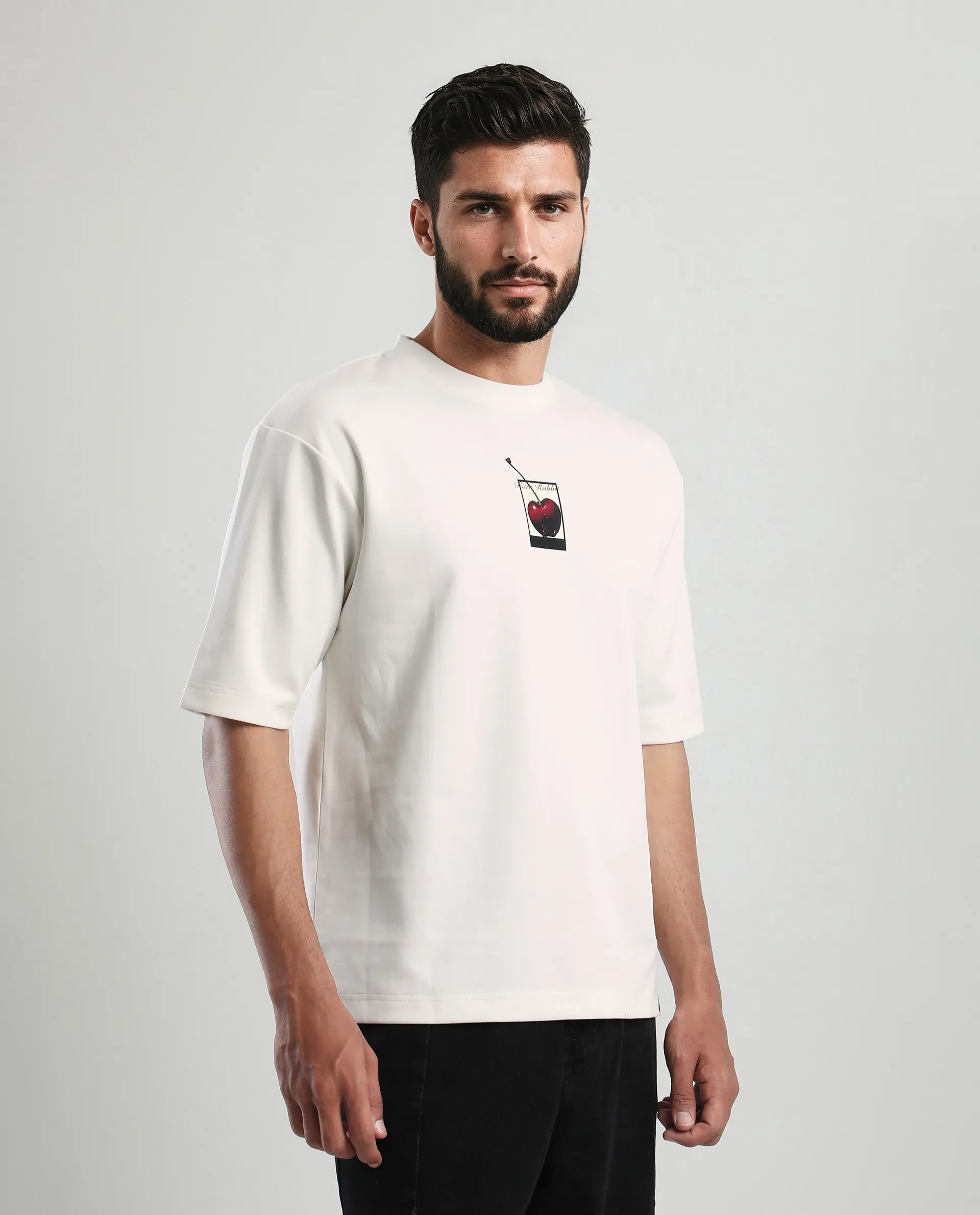 Rare Rabbit Men's Otar Off White Cotton Blend Graphic Print Regular Fit Half Sleeve Crew Neck T-Shirt