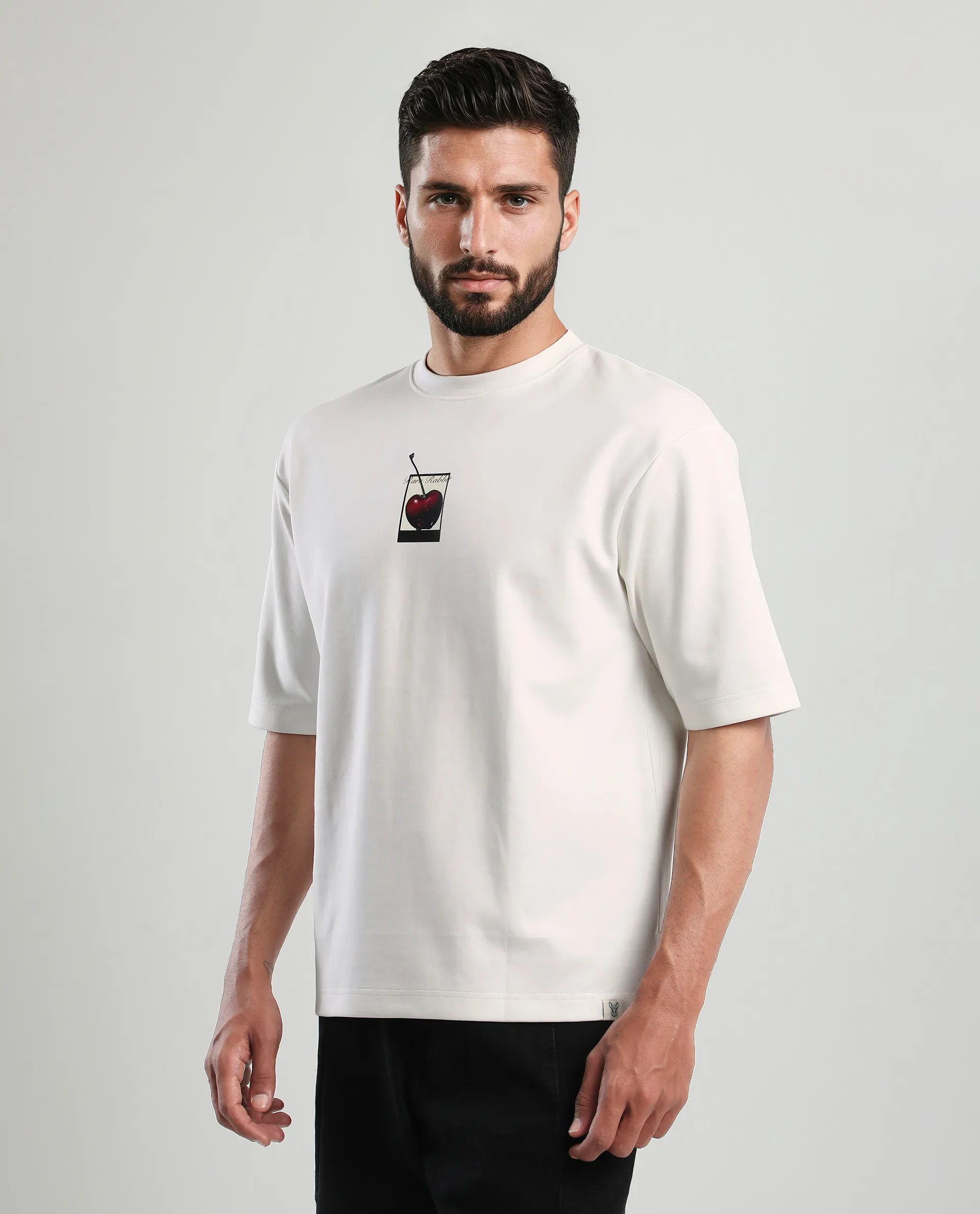 Rare Rabbit Men's Otar Off White Cotton Blend Graphic Print Regular Fit Half Sleeve Crew Neck T-Shirt