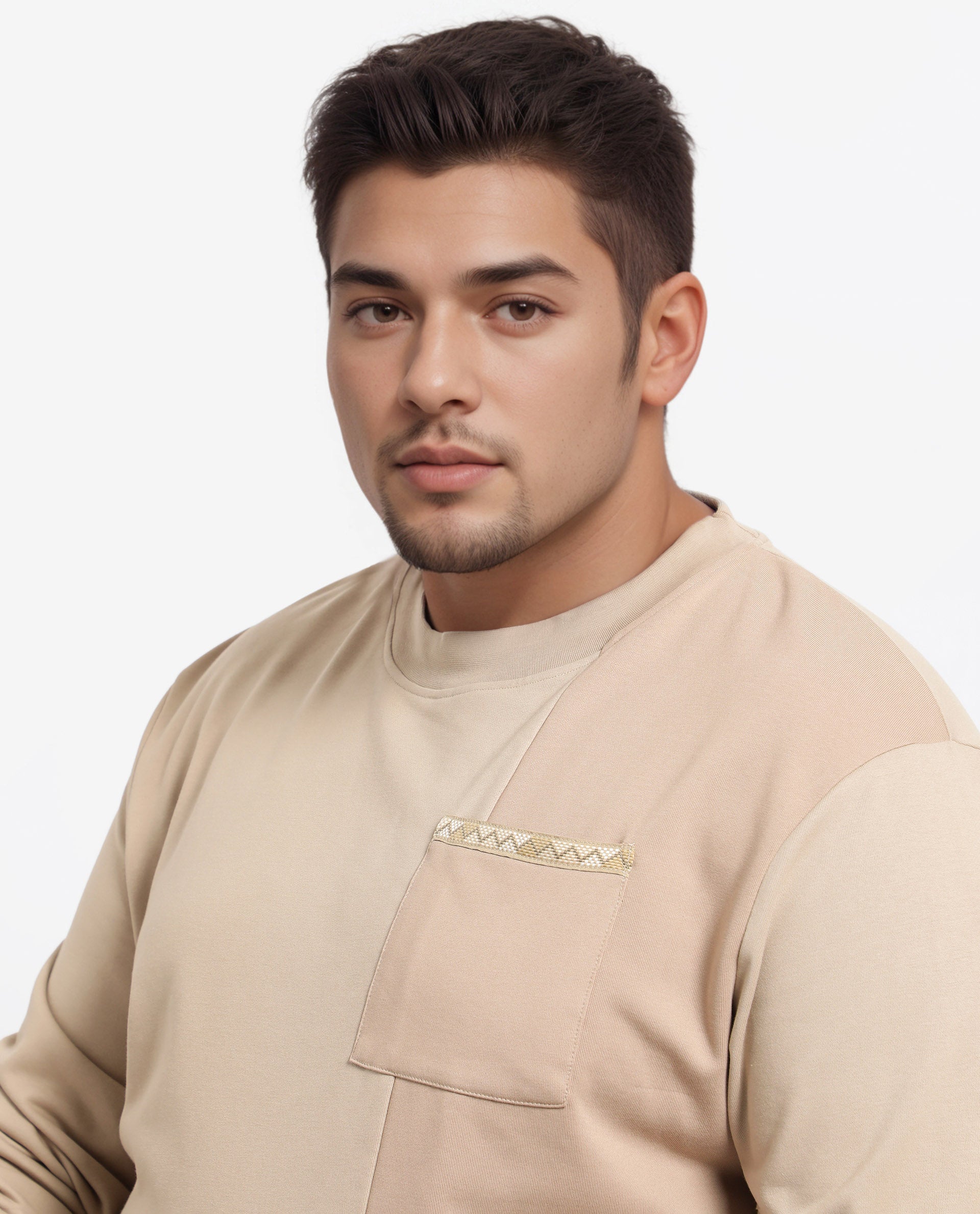 Rare Rabbit Men's Otese-L Beige Cotton Blend Cut And Sew Plus Size Full Sleeve Crew Neck Sweatshirt