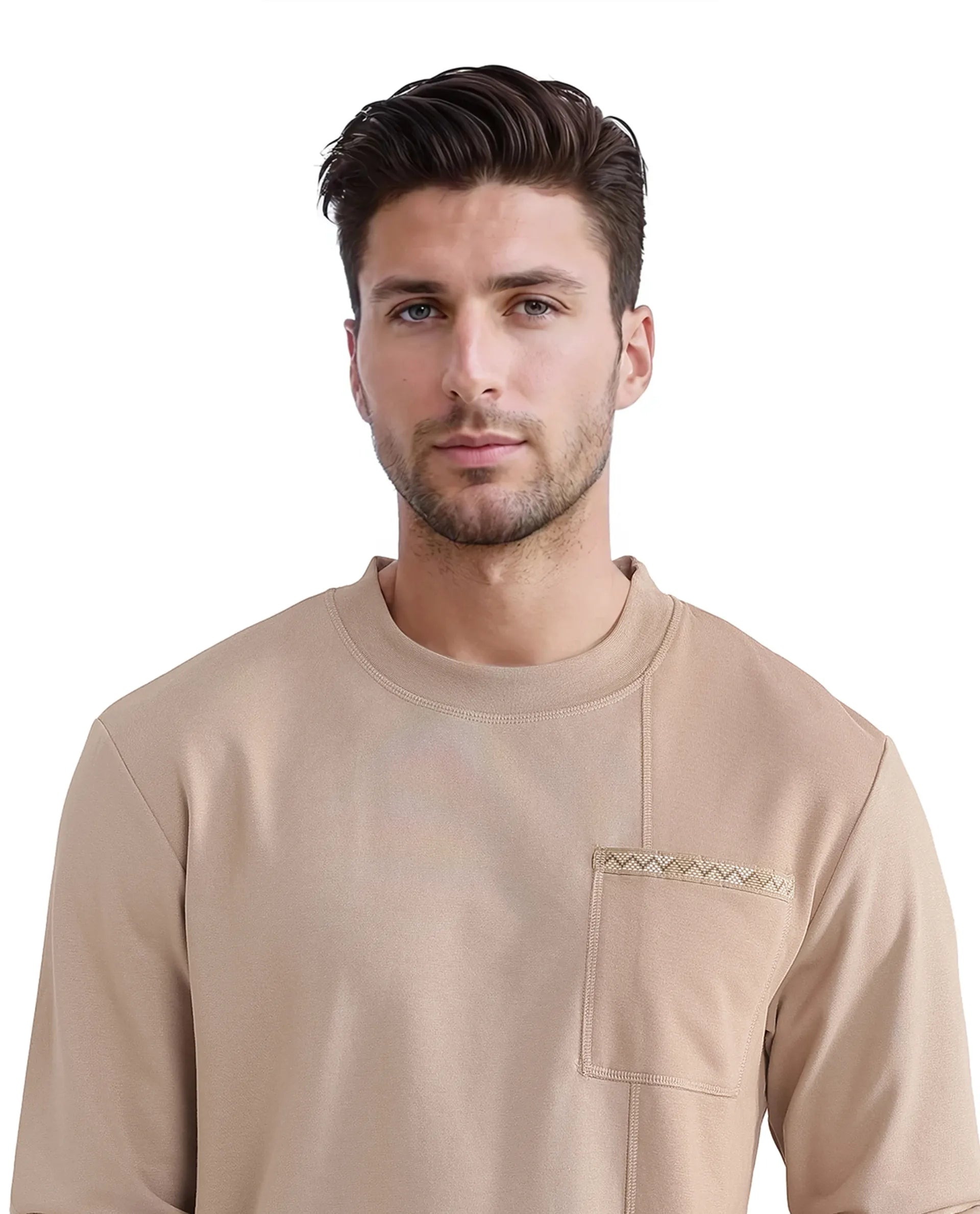 Rare Rabbit Men Otese Beige Cotton Polyester Fabric Full Sleeve Crew Neck Regular Fit Cut and Sew Sweatshirt
