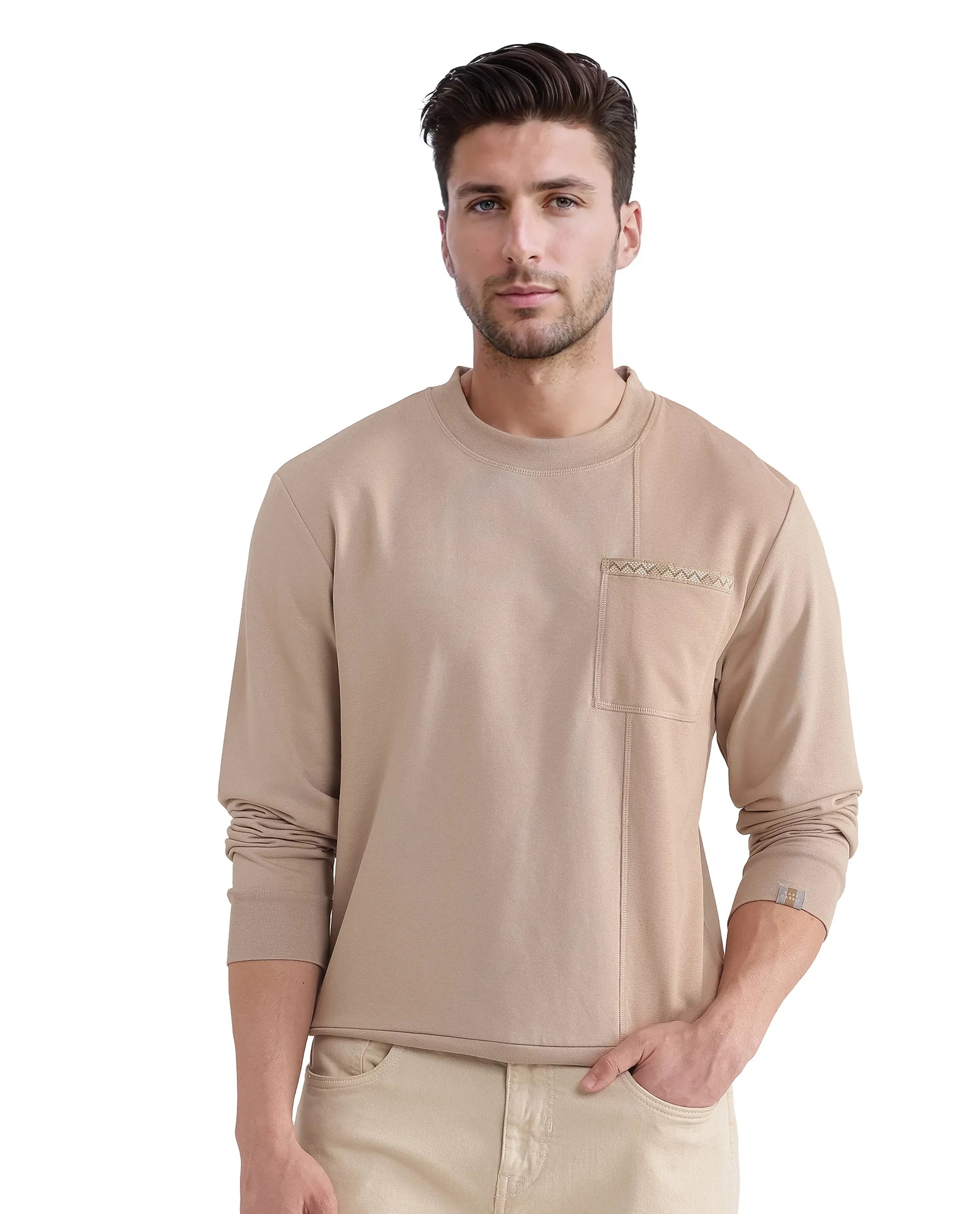 Rare Rabbit Men Otese Beige Cotton Polyester Fabric Full Sleeve Crew Neck Regular Fit Cut and Sew Sweatshirt