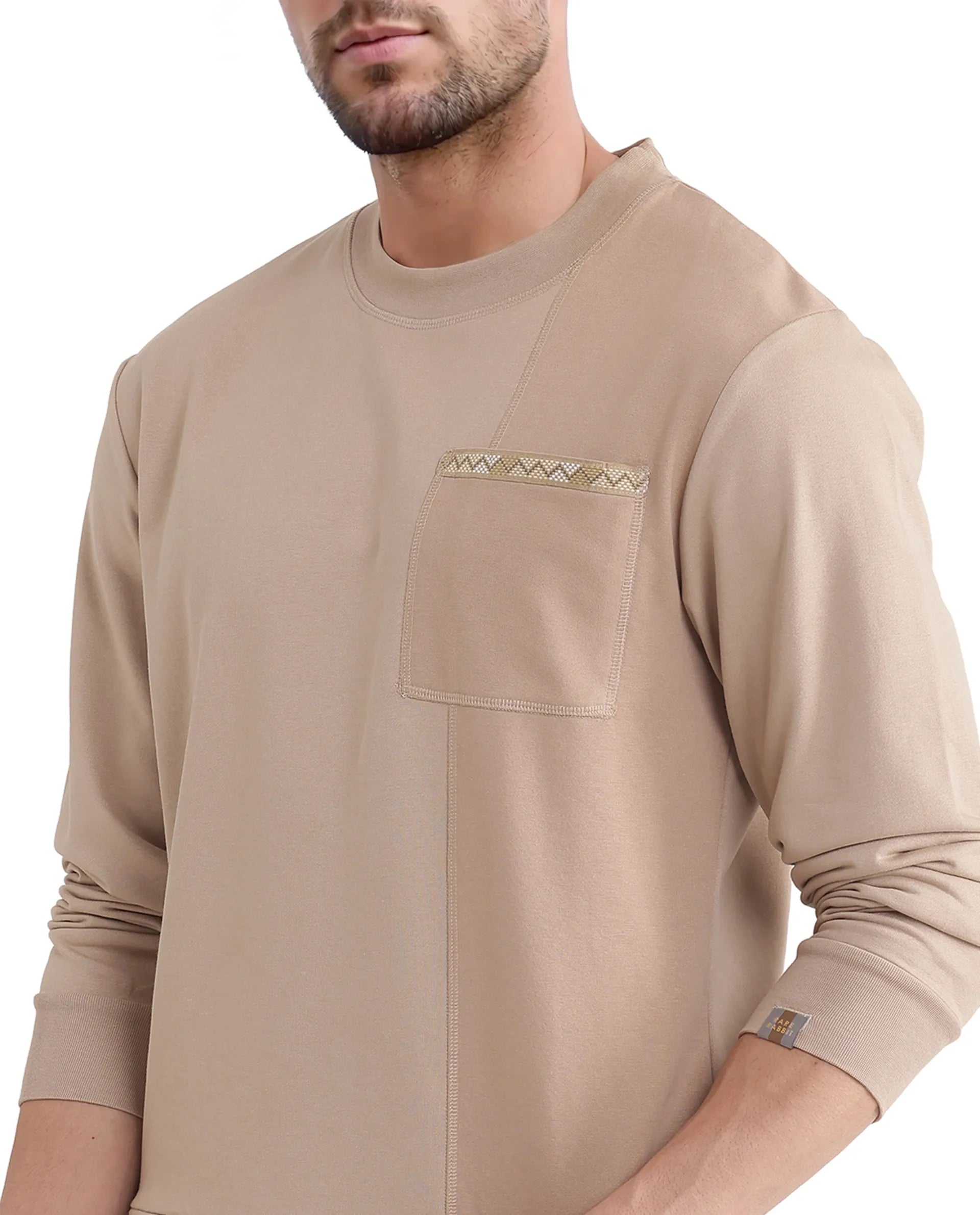 Rare Rabbit Men Otese Beige Cotton Polyester Fabric Full Sleeve Crew Neck Regular Fit Cut and Sew Sweatshirt