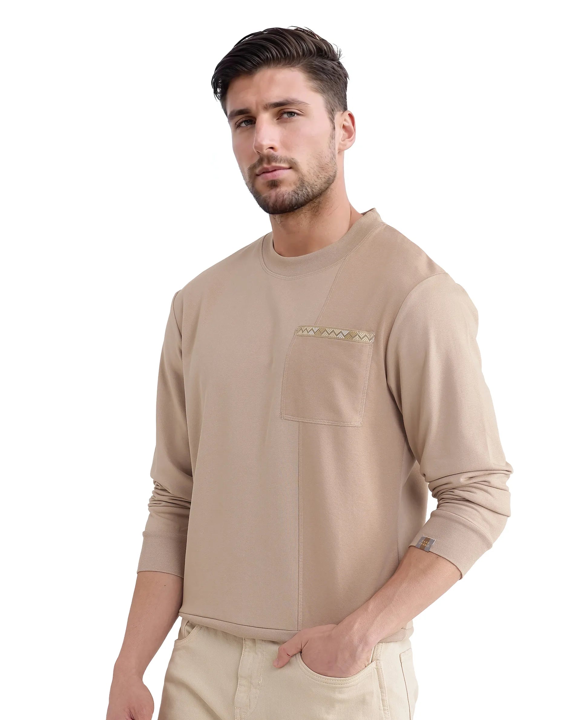 Rare Rabbit Men Otese Beige Cotton Polyester Fabric Full Sleeve Crew Neck Regular Fit Cut and Sew Sweatshirt