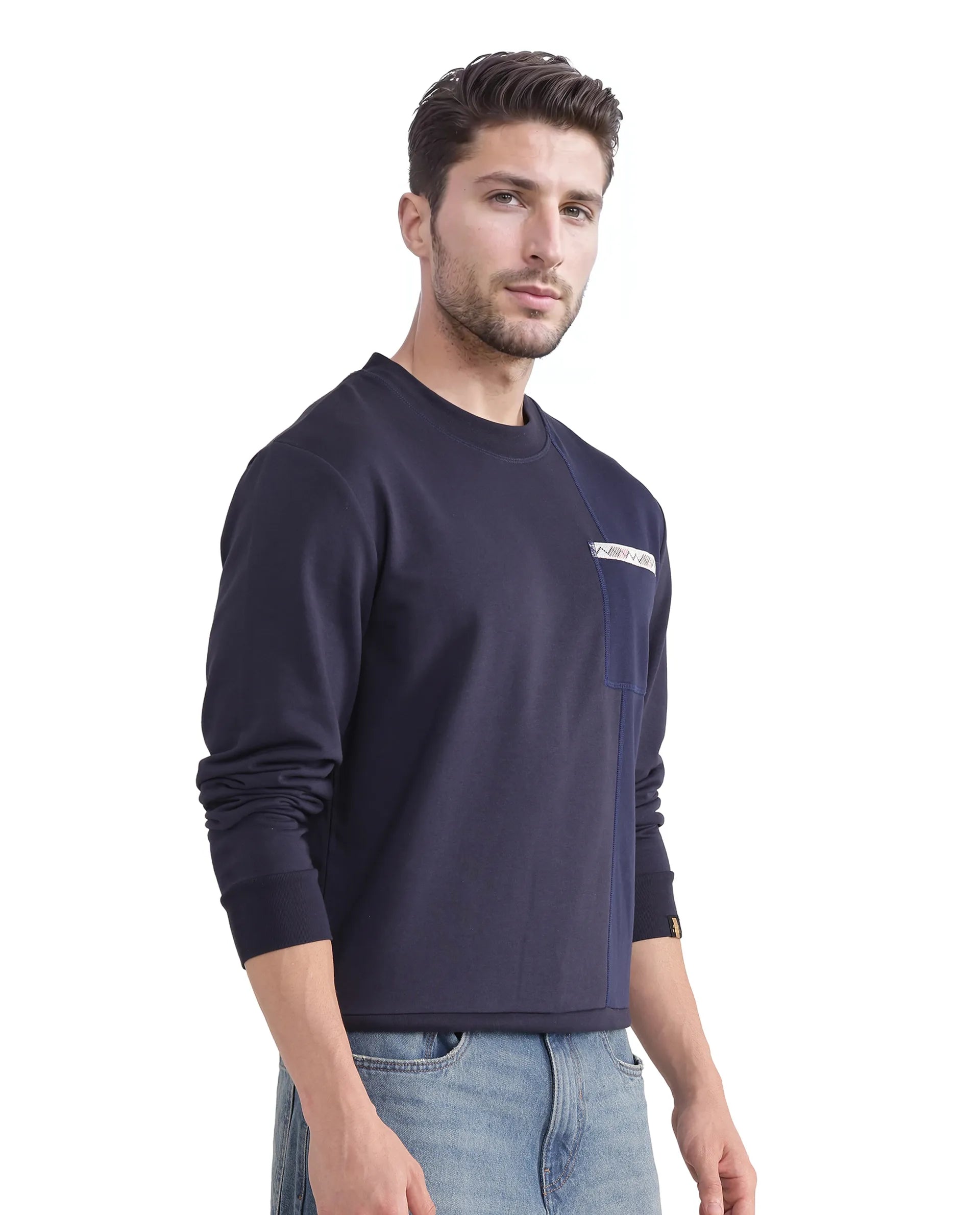Rare Rabbit Men Otese Navy Cotton Polyester Fabric Full Sleeve Crew Neck Regular Fit Cut and Sew Sweatshirt