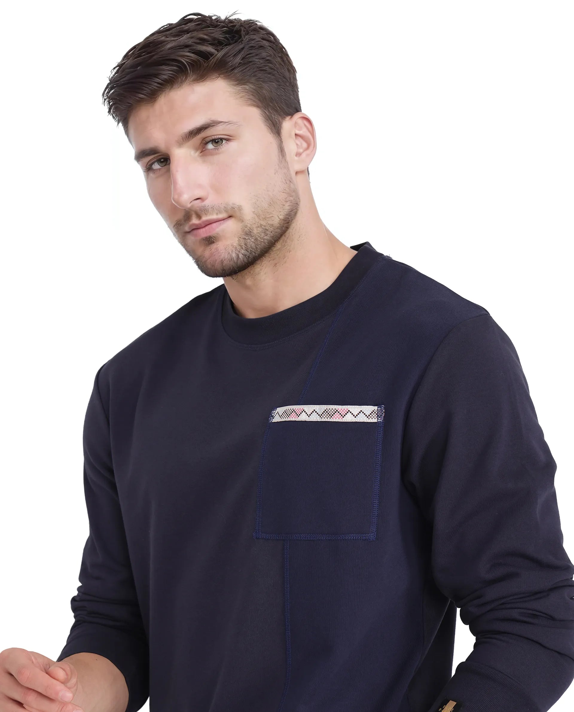 Rare Rabbit Men Otese Navy Cotton Polyester Fabric Full Sleeve Crew Neck Regular Fit Cut and Sew Sweatshirt