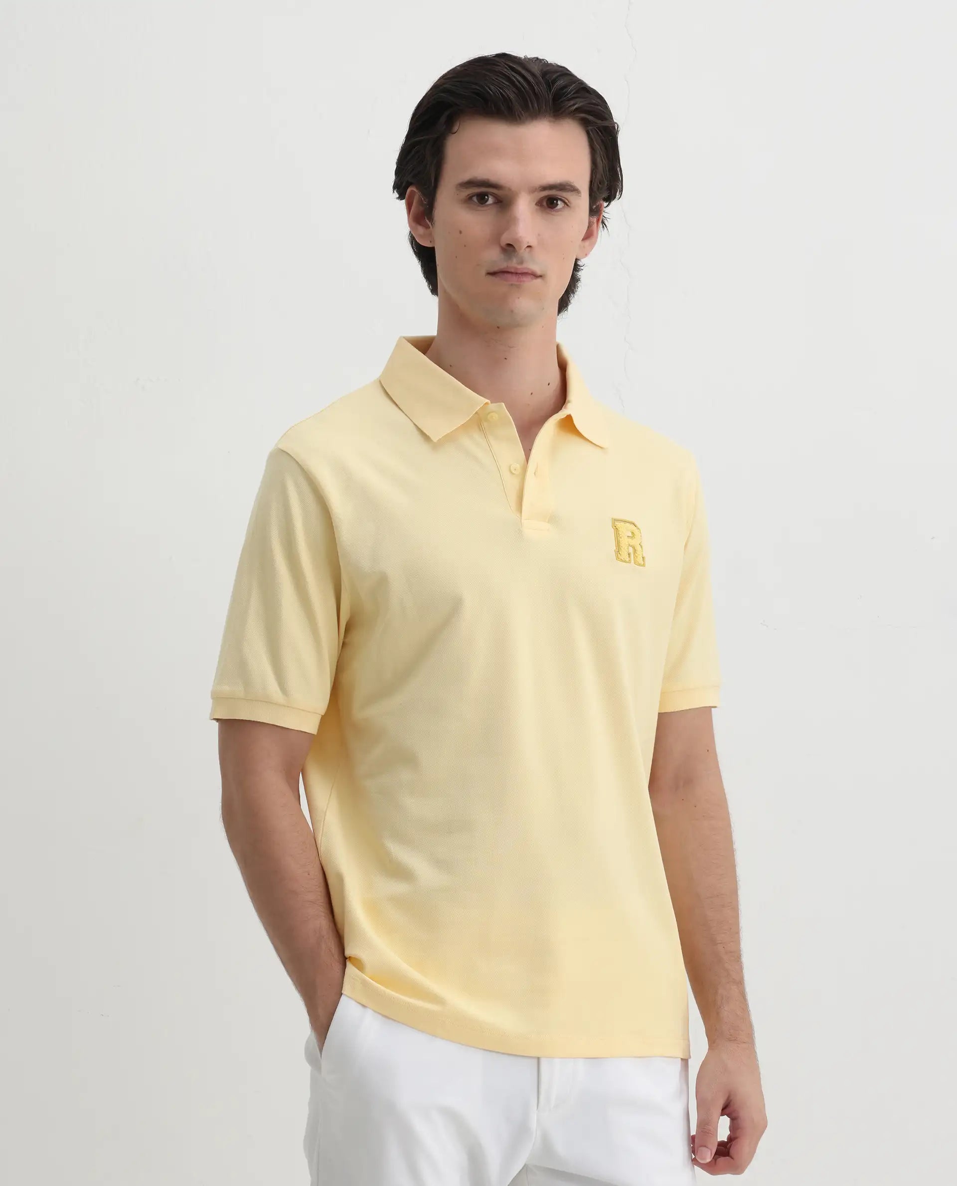 Rare Rabbit Men's Otes Pastel Yellow Cotton Plain Regular Fit Half Sleeve Polo
