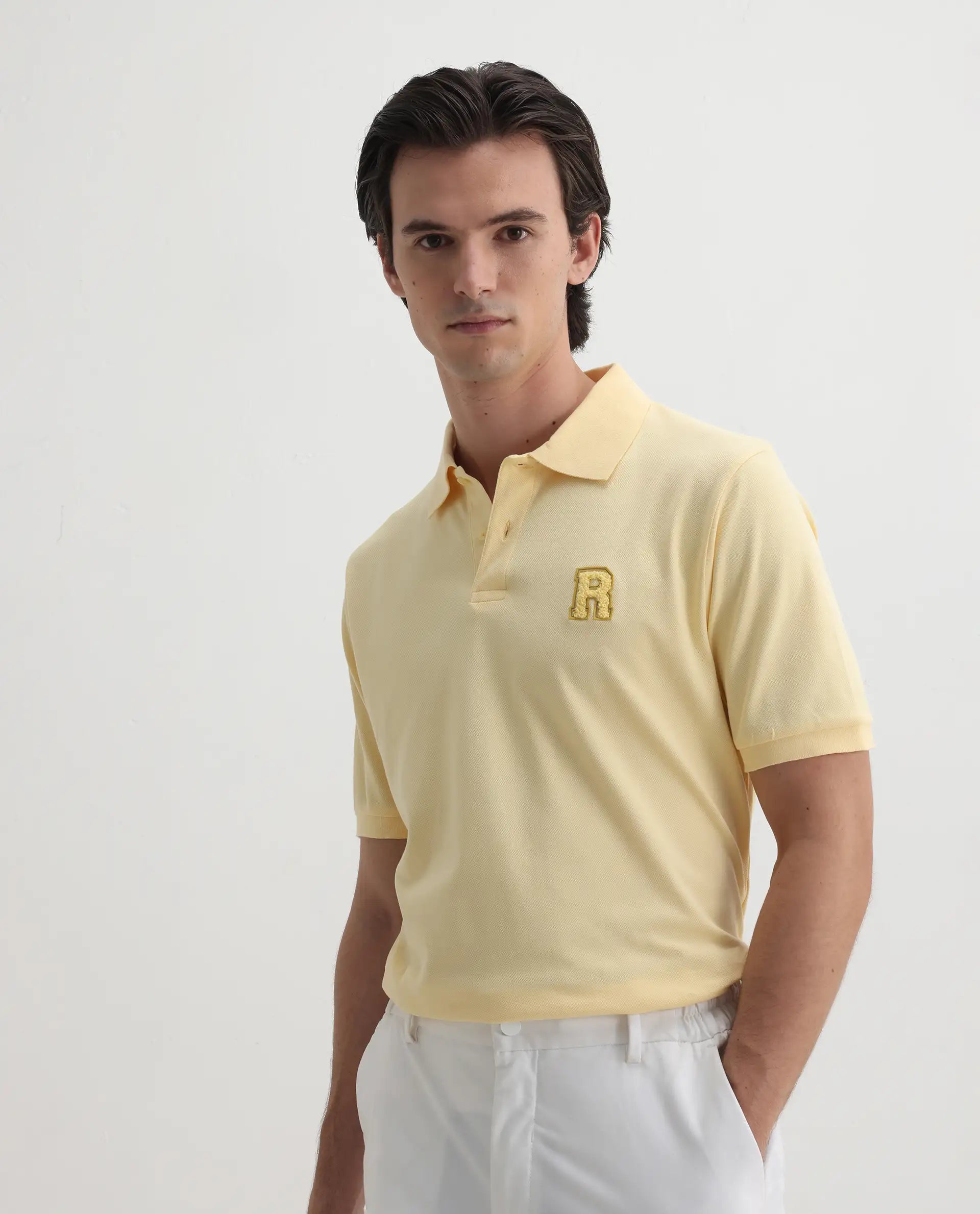 Rare Rabbit Men's Otes Pastel Yellow Cotton Plain Regular Fit Half Sleeve Polo
