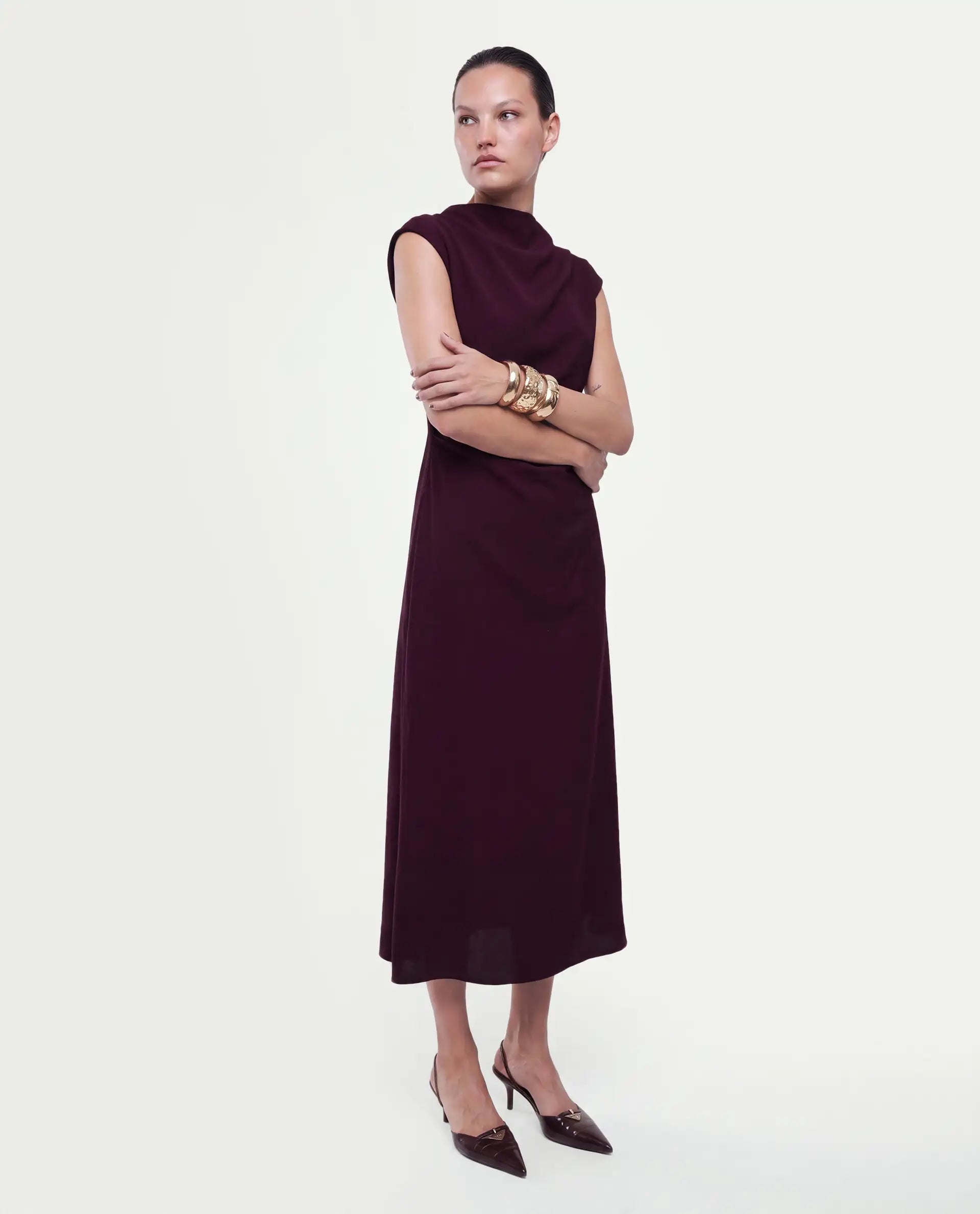 Rareism Women's Otim Maroon Polyester Button And Zip A-Line Plain Dress