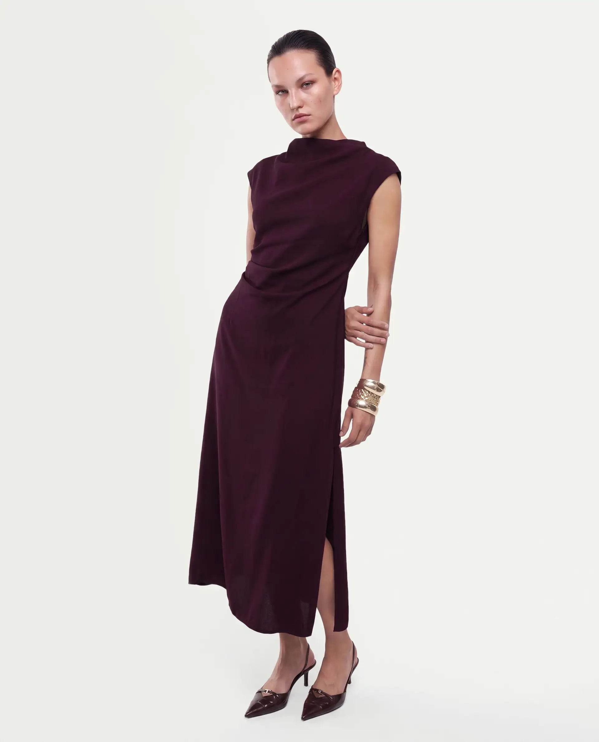 Rareism Women's Otim Maroon Polyester Button And Zip A-Line Plain Dress