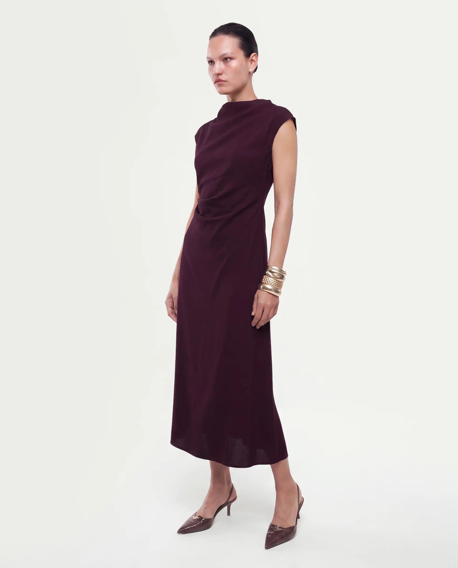 Rareism Women's Otim Maroon Polyester Button And Zip A-Line Plain Dress