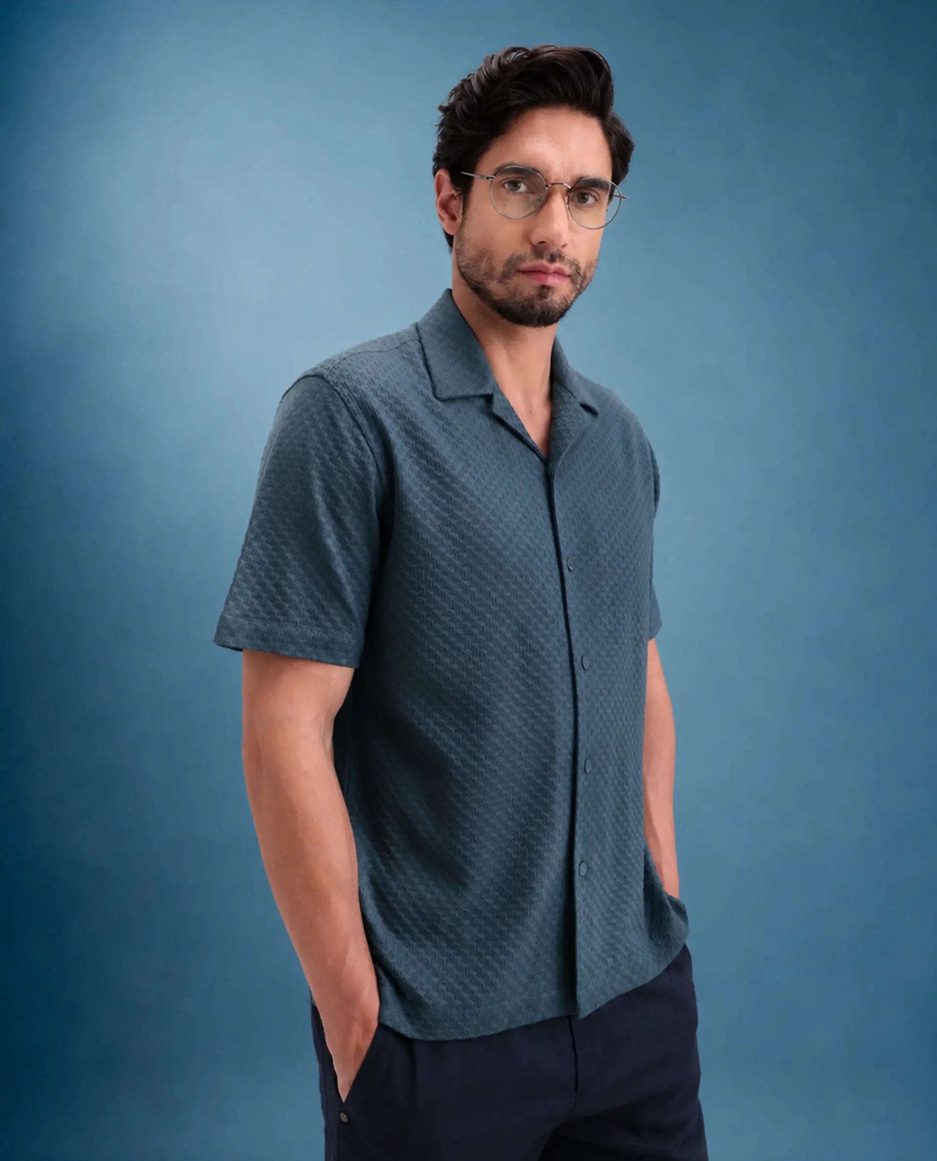 Rare Rabbit Men's Otis Dusky Blue Cotton Fabric Half Sleeve Cuban Collar Regular Textured Shirt