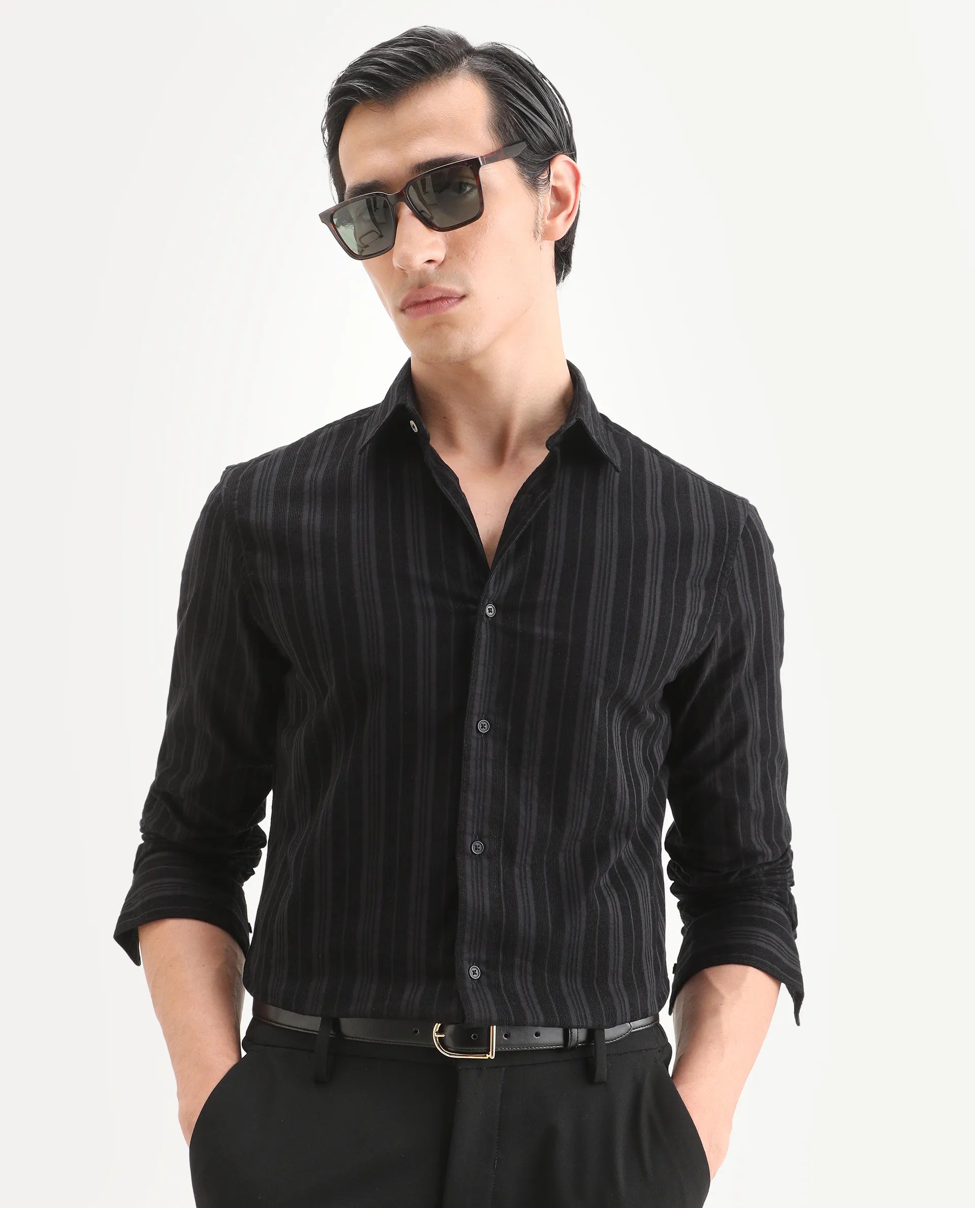Rare Rabbit Men's Otta Black Cotton Fabric Full Sleeve Spread Collar Regular Fit Striped Shirt
