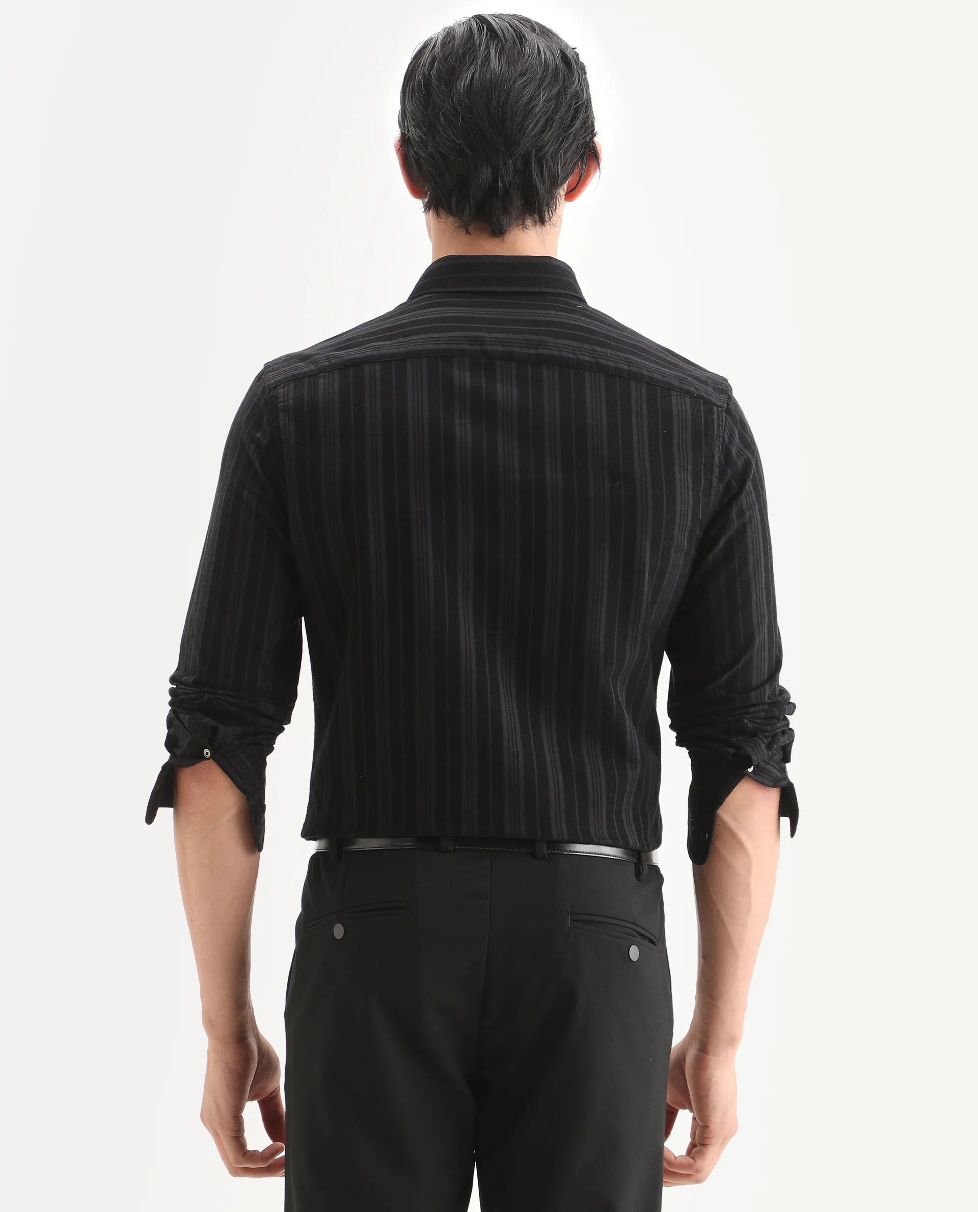 Rare Rabbit Men's Otta Black Cotton Fabric Full Sleeve Spread Collar Regular Fit Striped Shirt