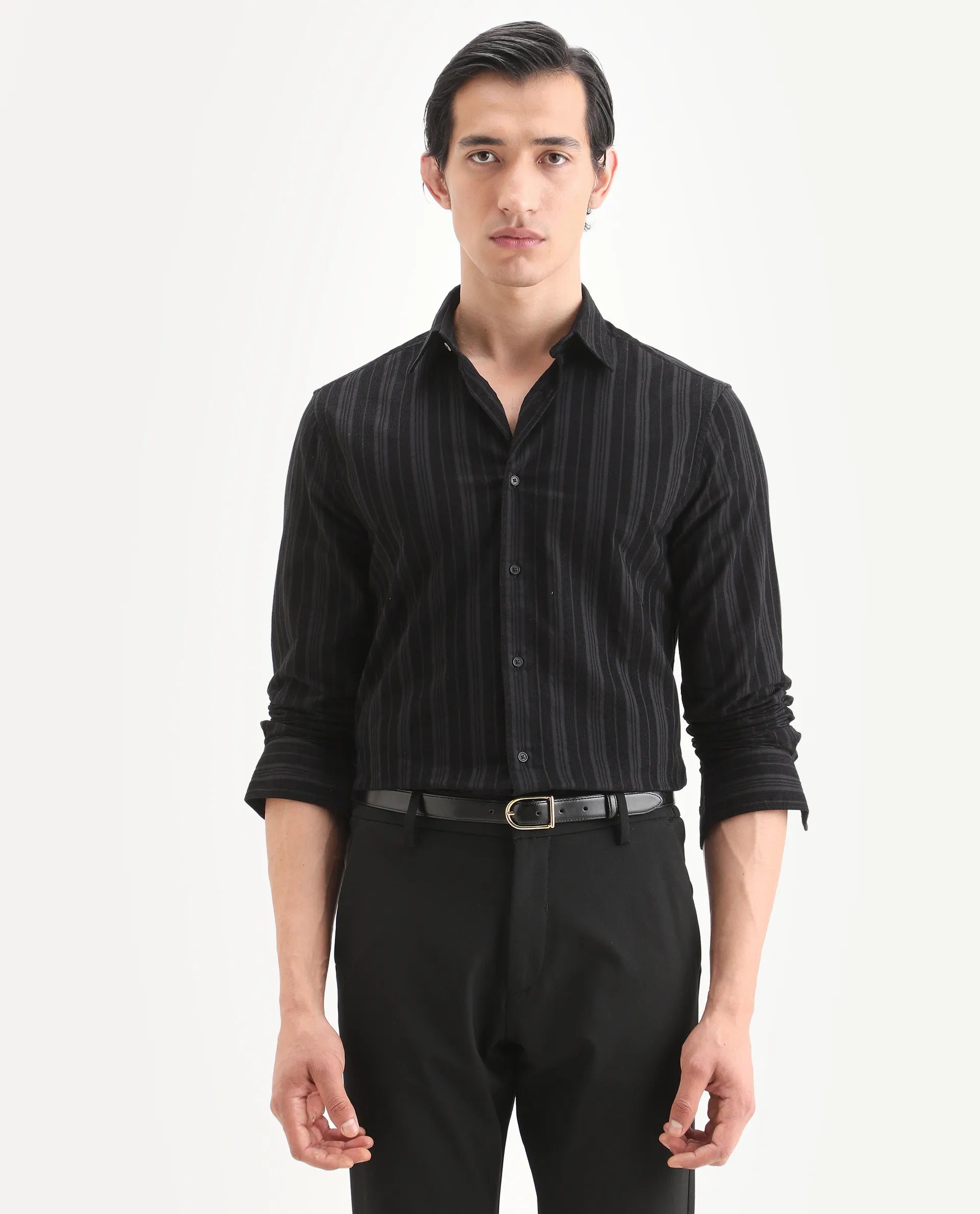 Rare Rabbit Men's Otta Black Cotton Fabric Full Sleeve Spread Collar Regular Fit Striped Shirt