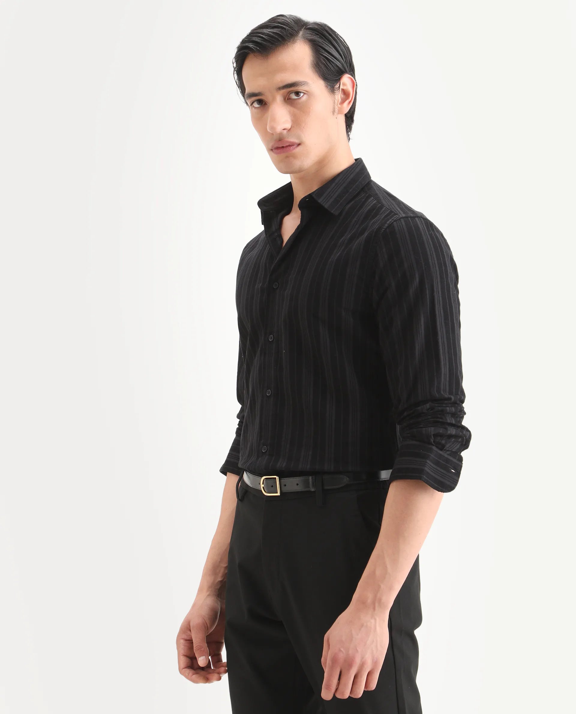 Rare Rabbit Men's Otta Black Cotton Fabric Full Sleeve Spread Collar Regular Fit Striped Shirt