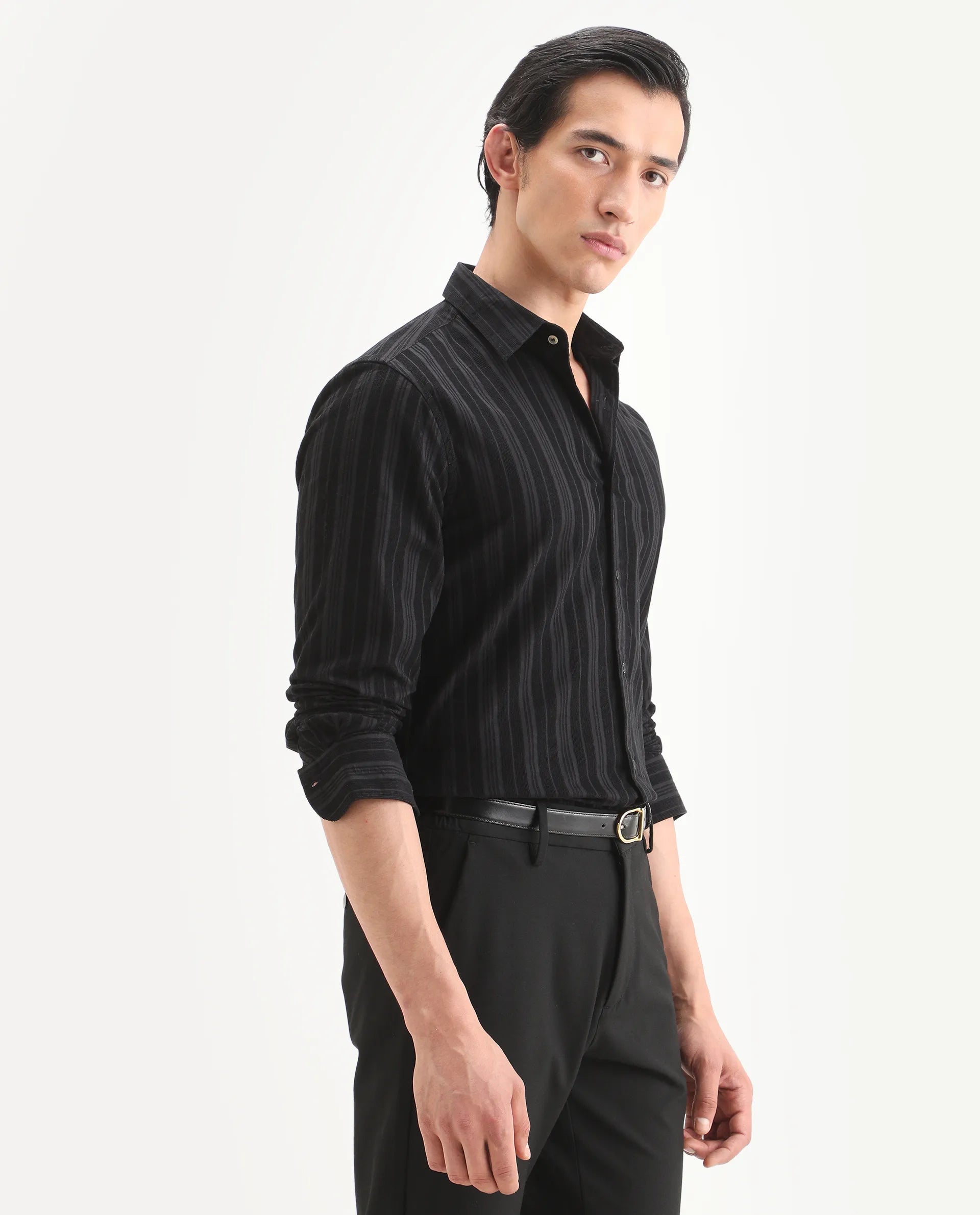 Rare Rabbit Men's Otta Black Cotton Fabric Full Sleeve Spread Collar Regular Fit Striped Shirt