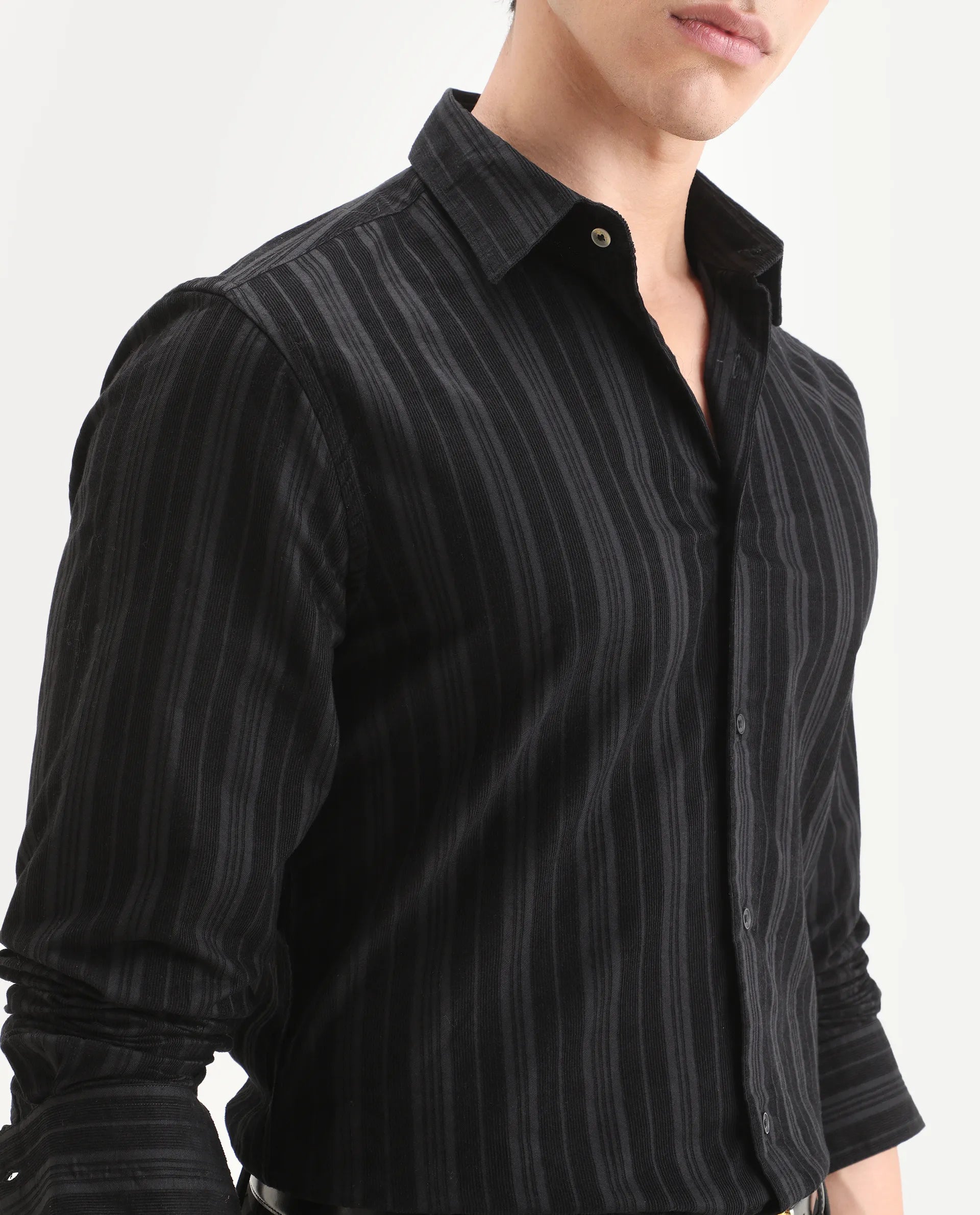 Rare Rabbit Men's Otta Black Cotton Fabric Full Sleeve Spread Collar Regular Fit Striped Shirt