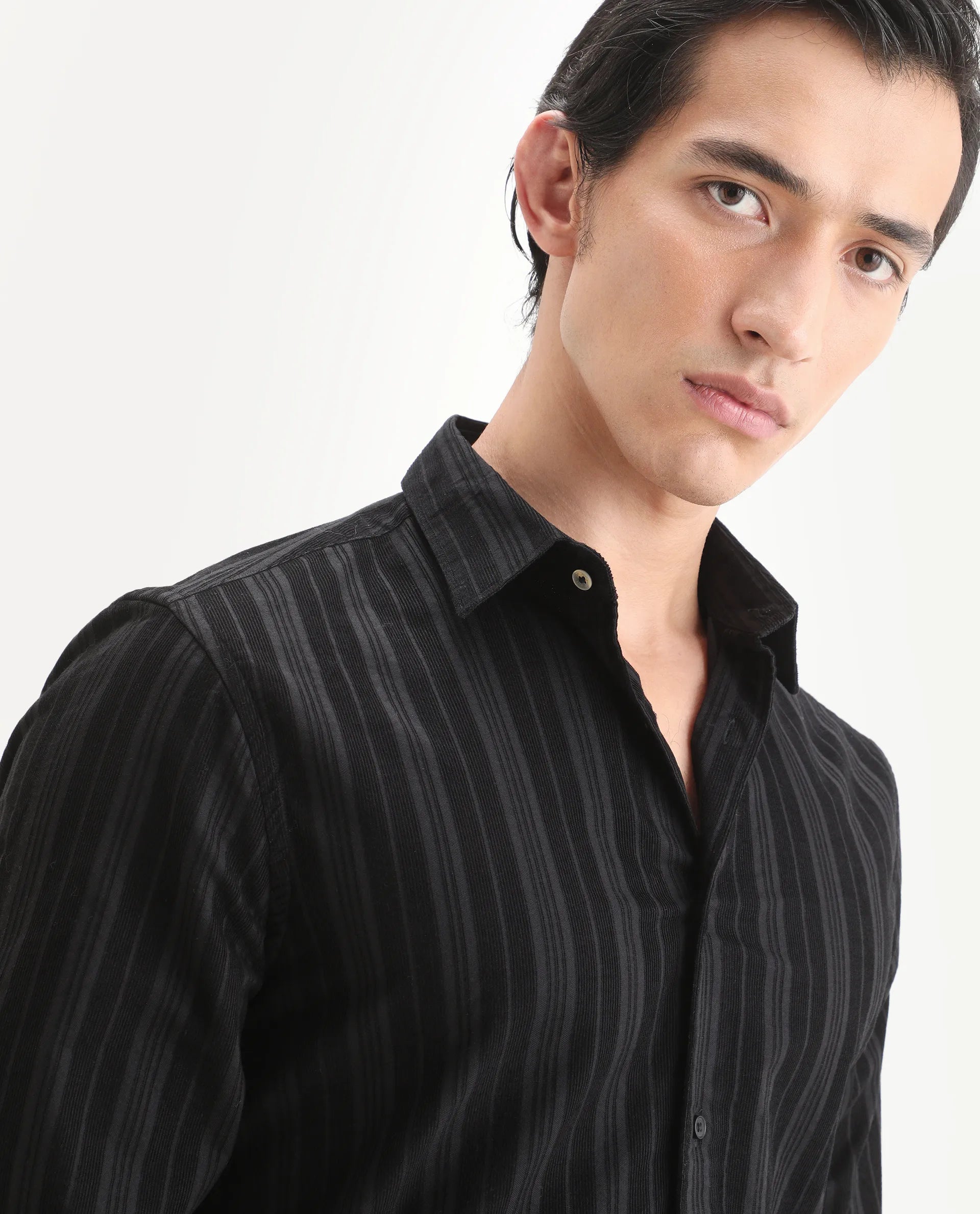 Rare Rabbit Men's Otta Black Cotton Fabric Full Sleeve Spread Collar Regular Fit Striped Shirt