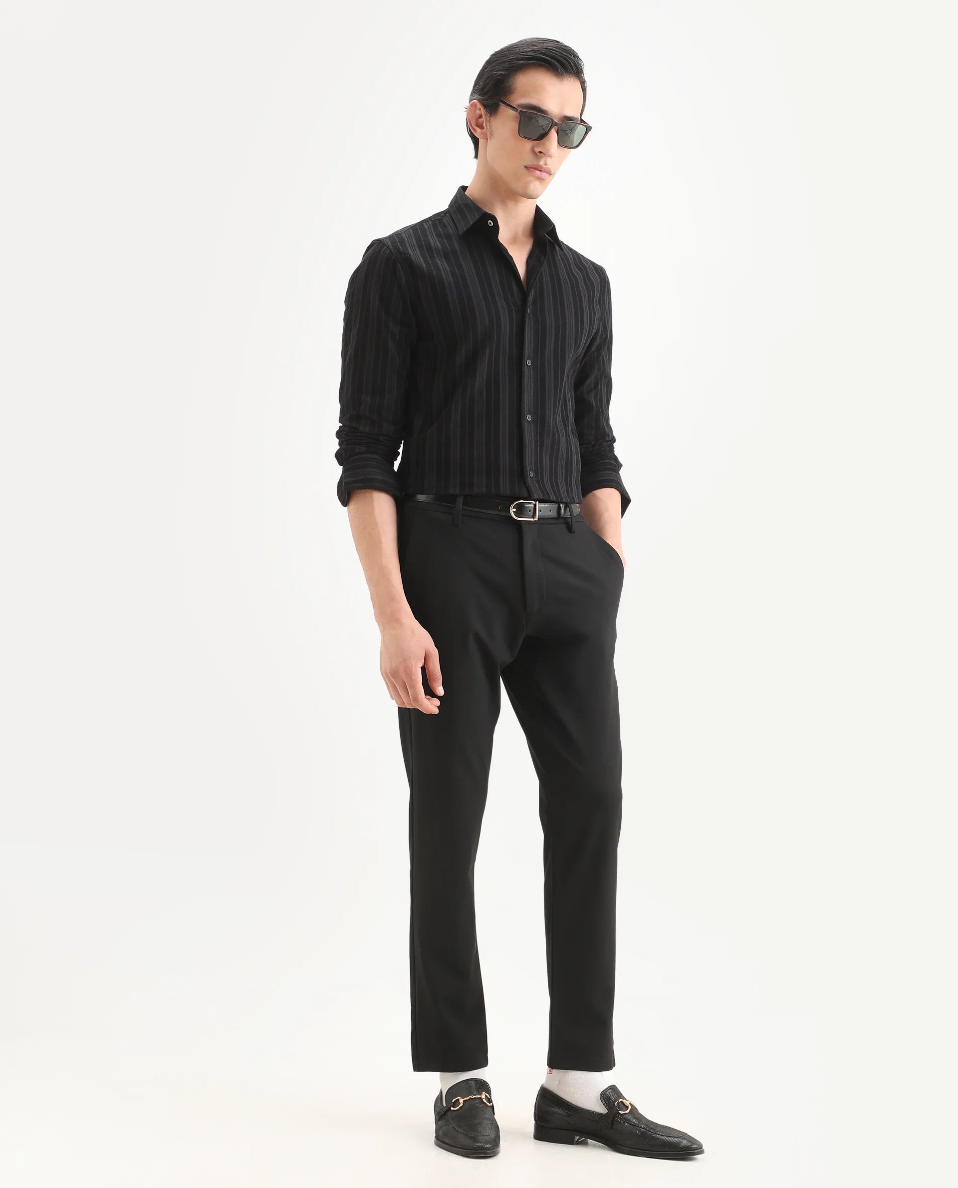 Rare Rabbit Men's Otta Black Cotton Fabric Full Sleeve Spread Collar Regular Fit Striped Shirt