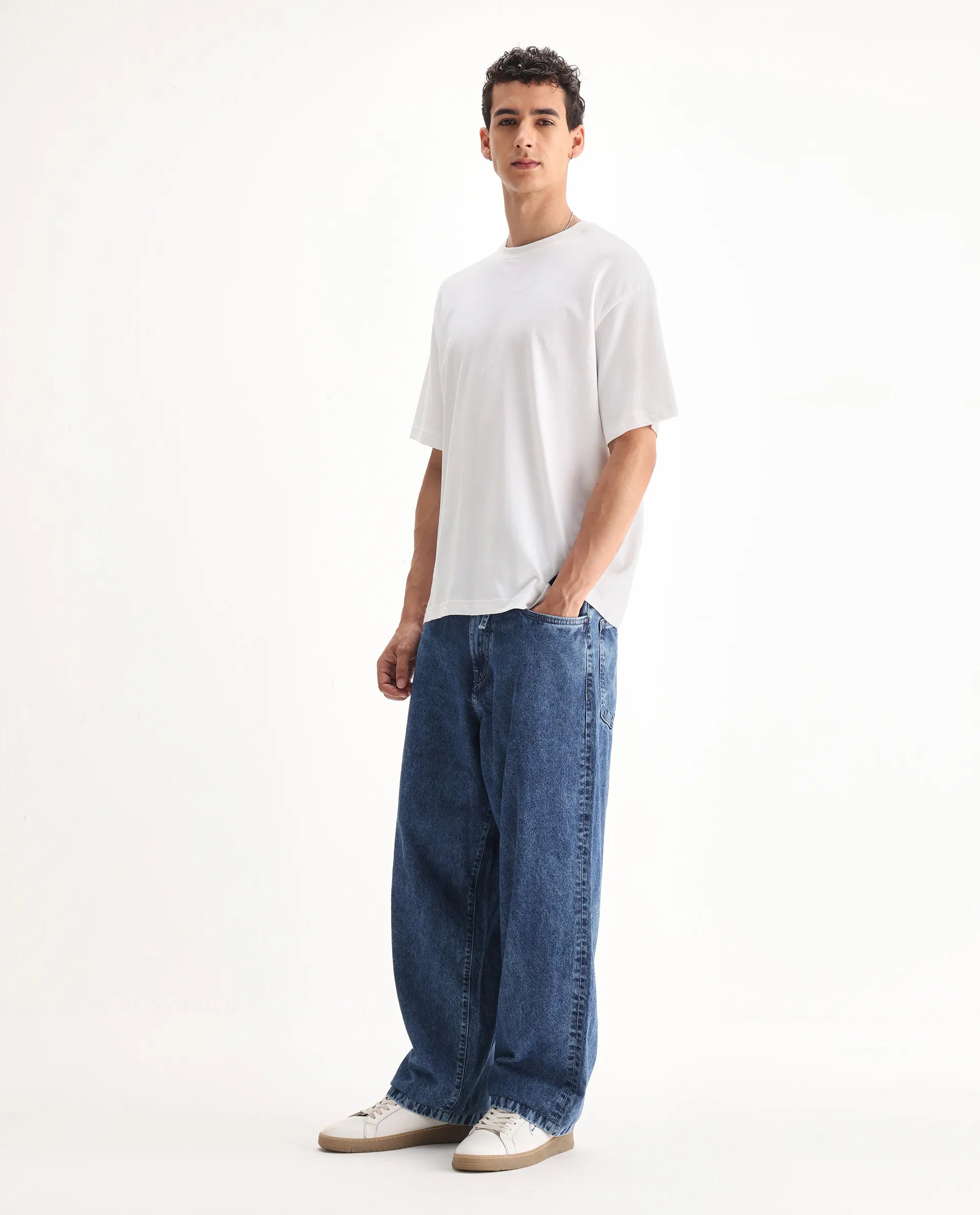 Rare Rabbit Men's Otto Light Blue Cotton Plain Baggy Fit Jeans