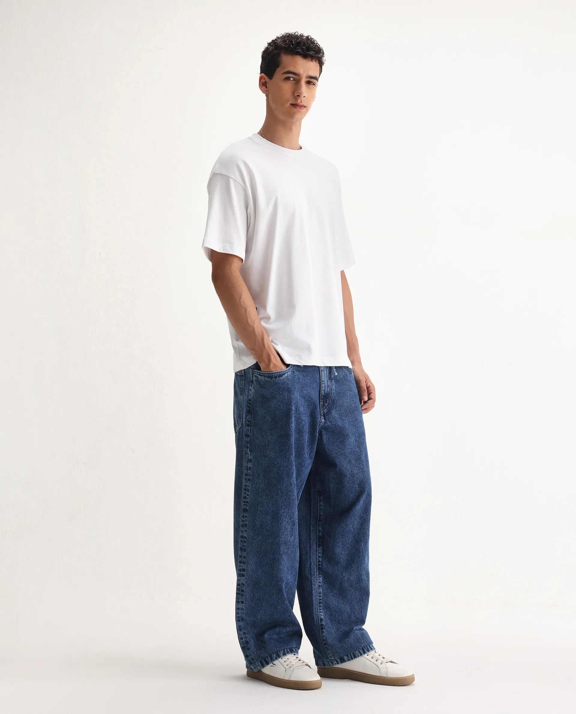 Rare Rabbit Men's Otto Light Blue Cotton Plain Baggy Fit Jeans