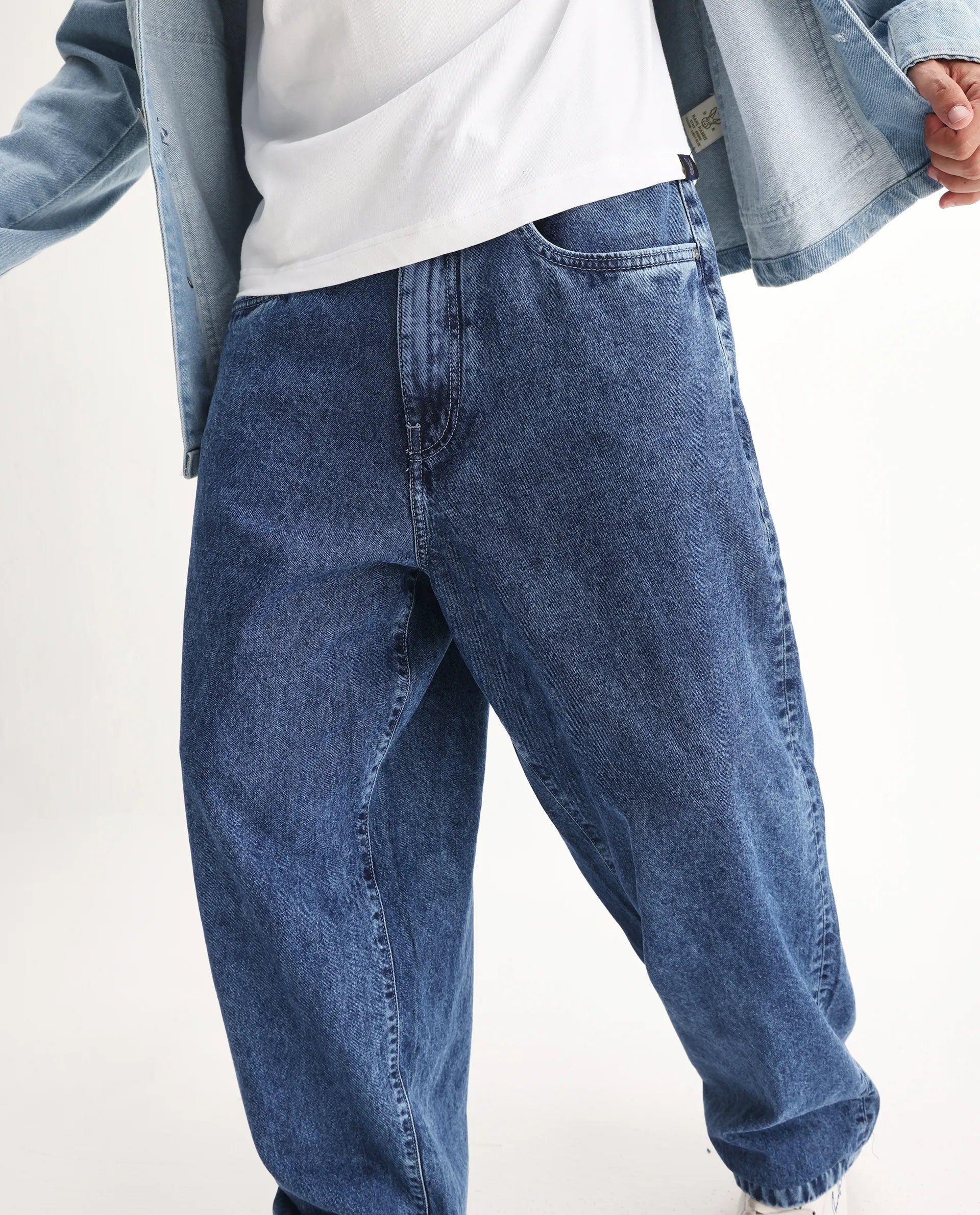 Rare Rabbit Men's Otto Light Blue Cotton Plain Baggy Fit Jeans