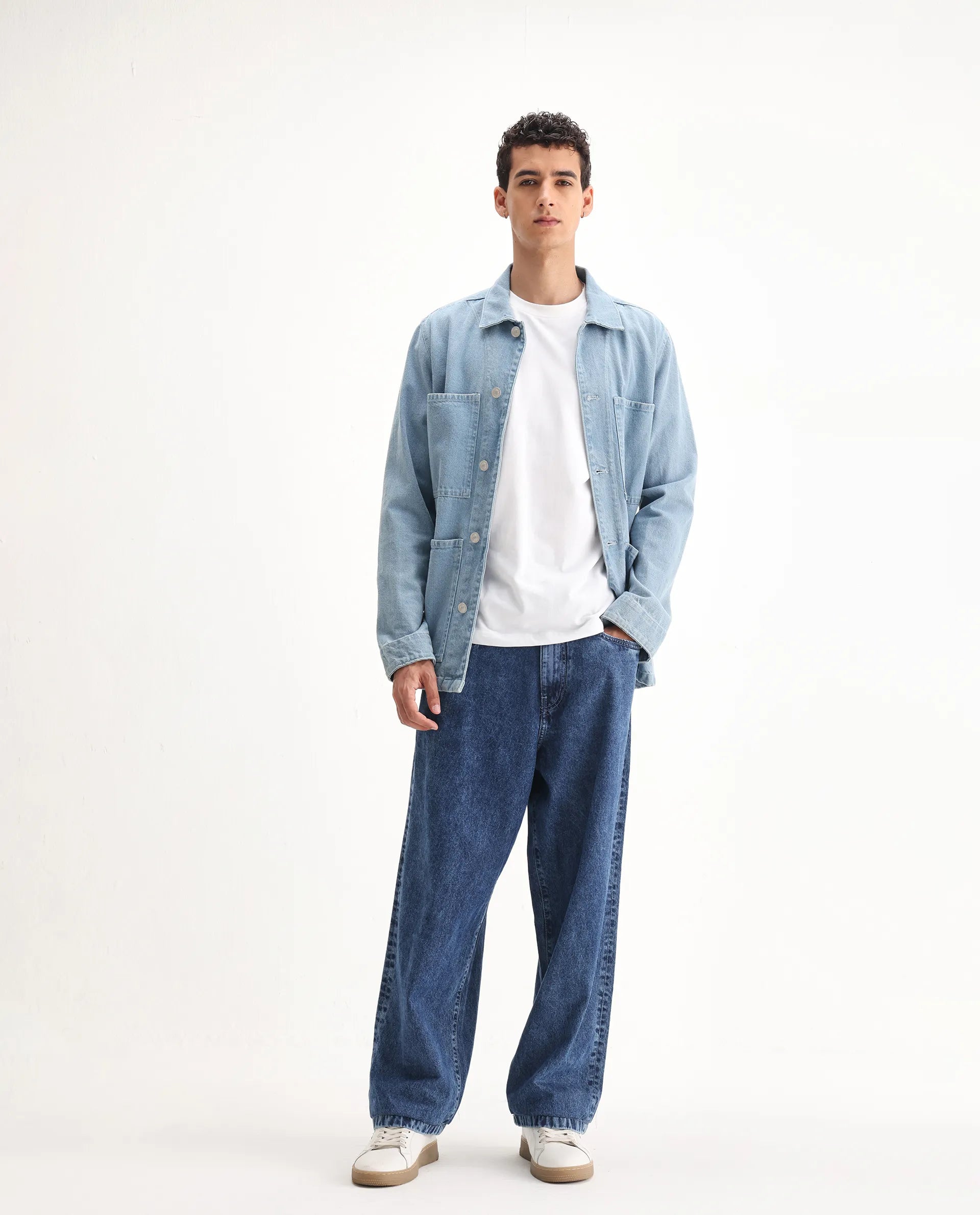 Rare Rabbit Men's Otto Light Blue Cotton Plain Baggy Fit Jeans