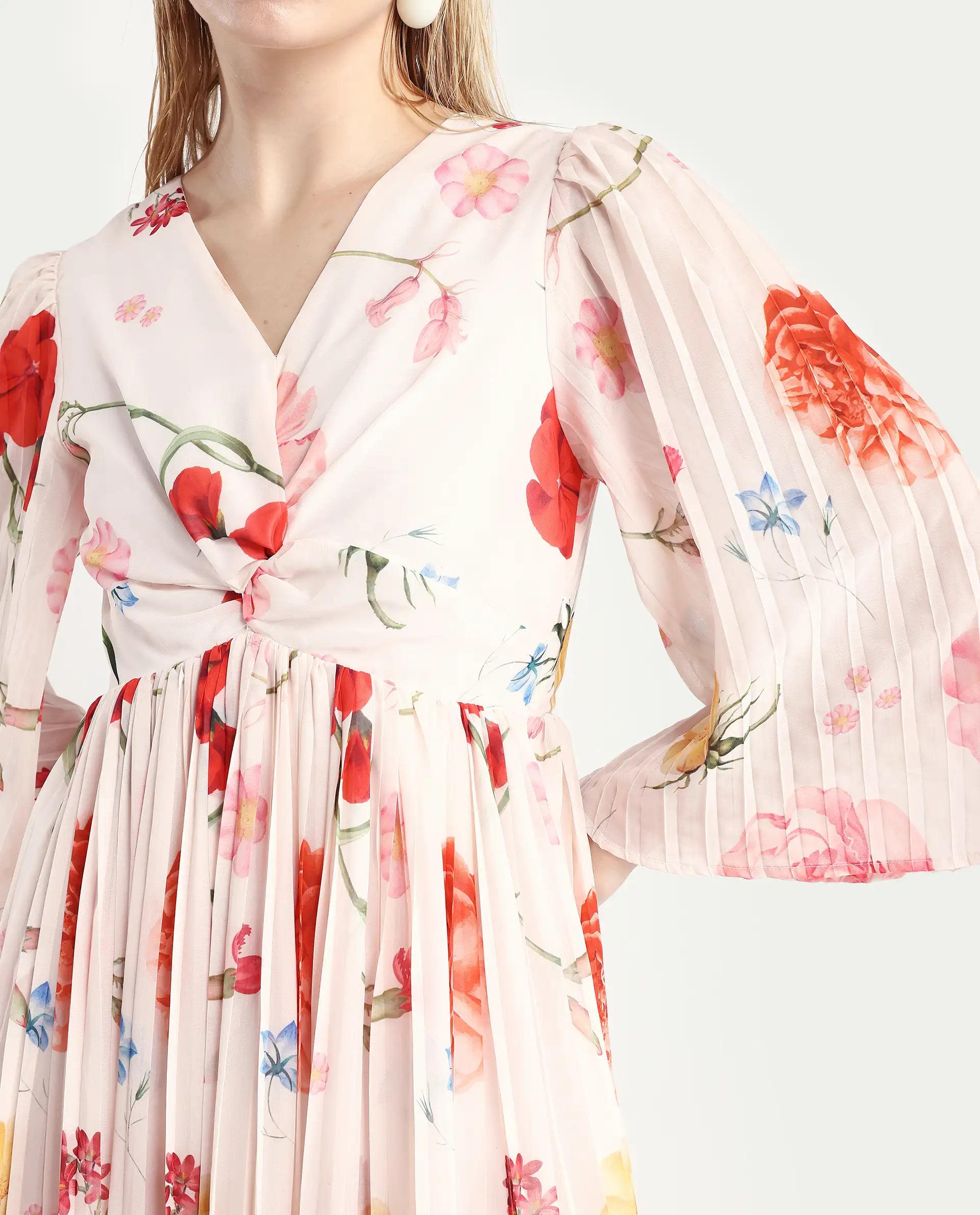 Rareism Women's Otto White Polyester V-Neck Floral Print Bell Sleeve Midi Fit And Flare Dress