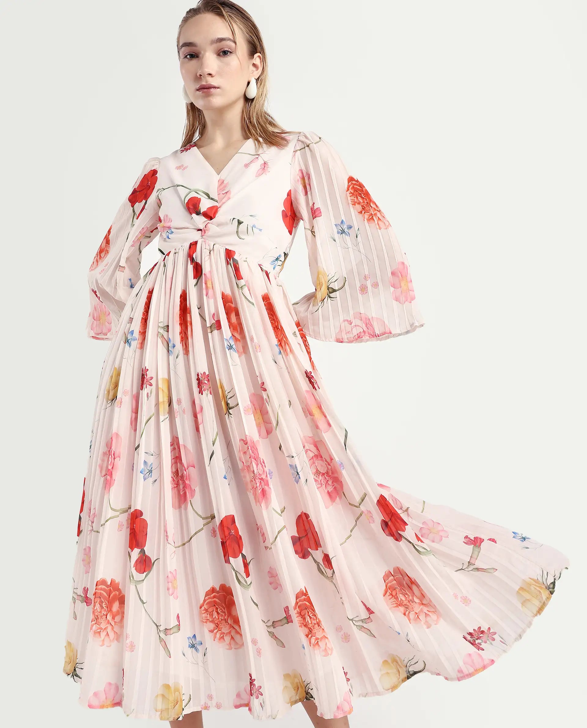 Rareism Women's Otto White Polyester V-Neck Floral Print Bell Sleeve Midi Fit And Flare Dress