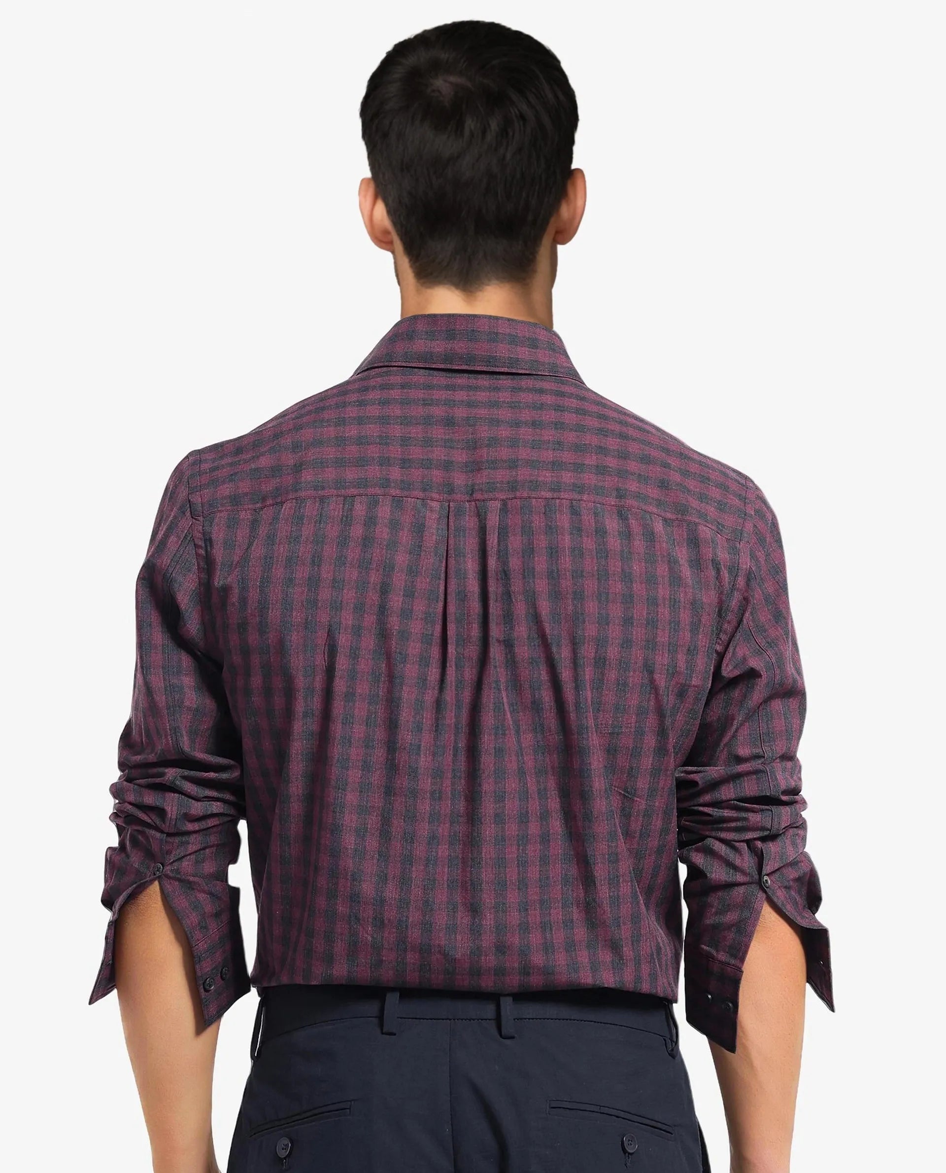 Rare Rabbit Men Otts Dark Maroon Cotton Poly Fabric Full Sleeve Regular Fit Checked Shirt