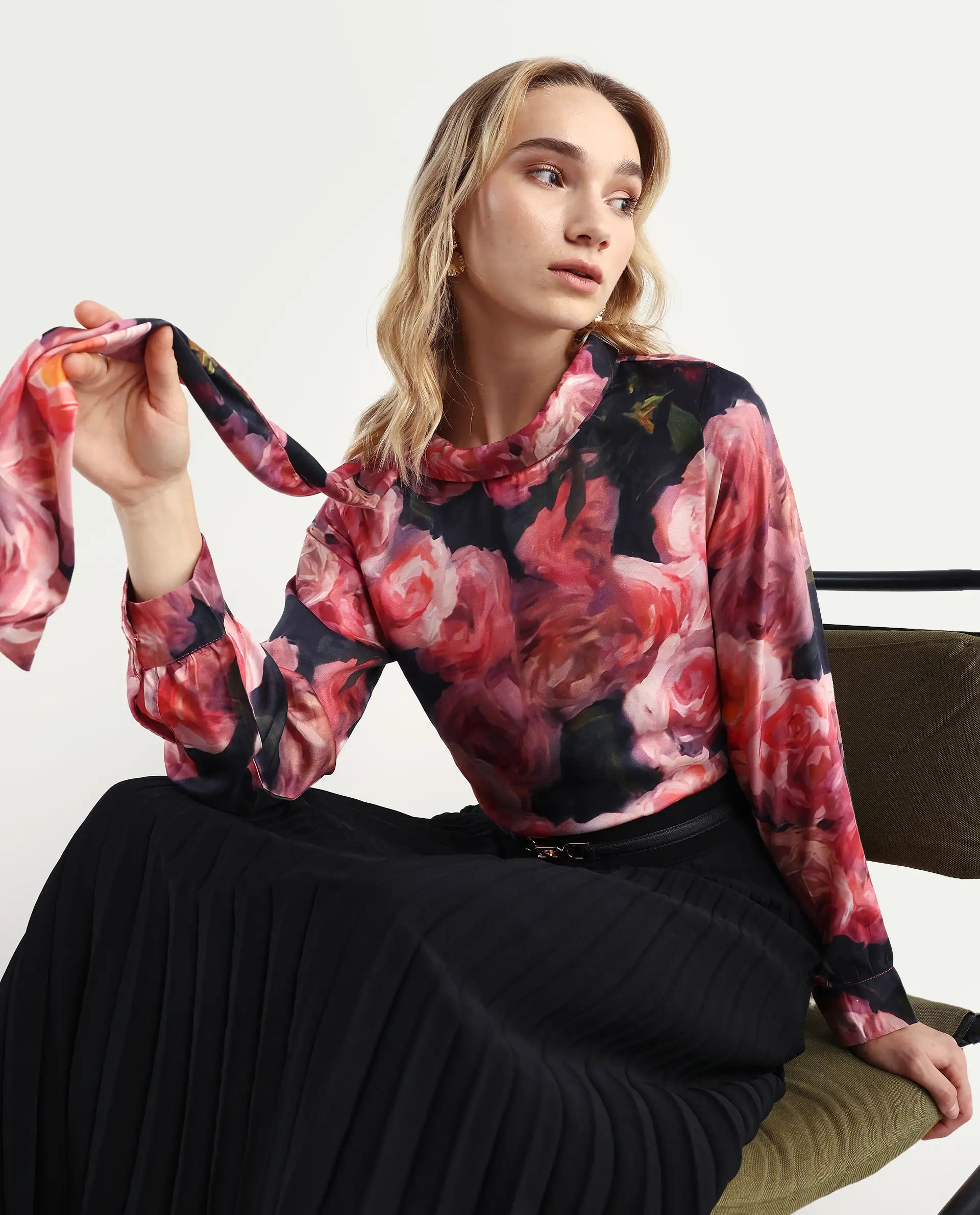 Rareism Women's Oudid Multi Cotton Blend Cowl Neck Floral Print Cuffed Sleeve Regular Fit Top