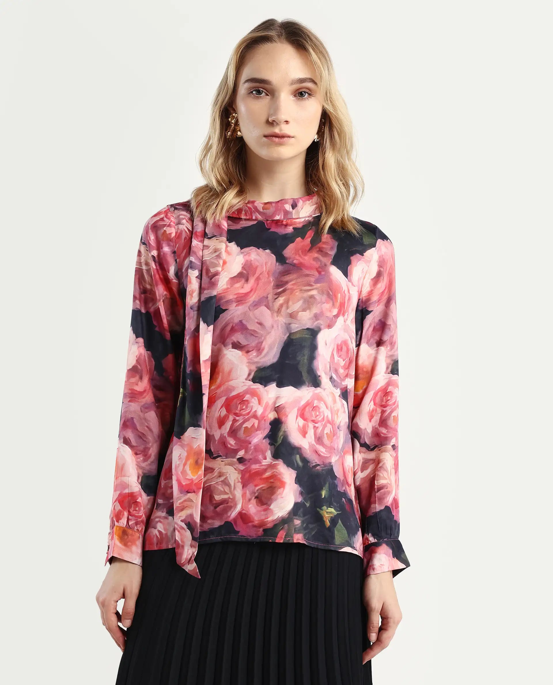Rareism Women's Oudid Multi Cotton Blend Cowl Neck Floral Print Cuffed Sleeve Regular Fit Top