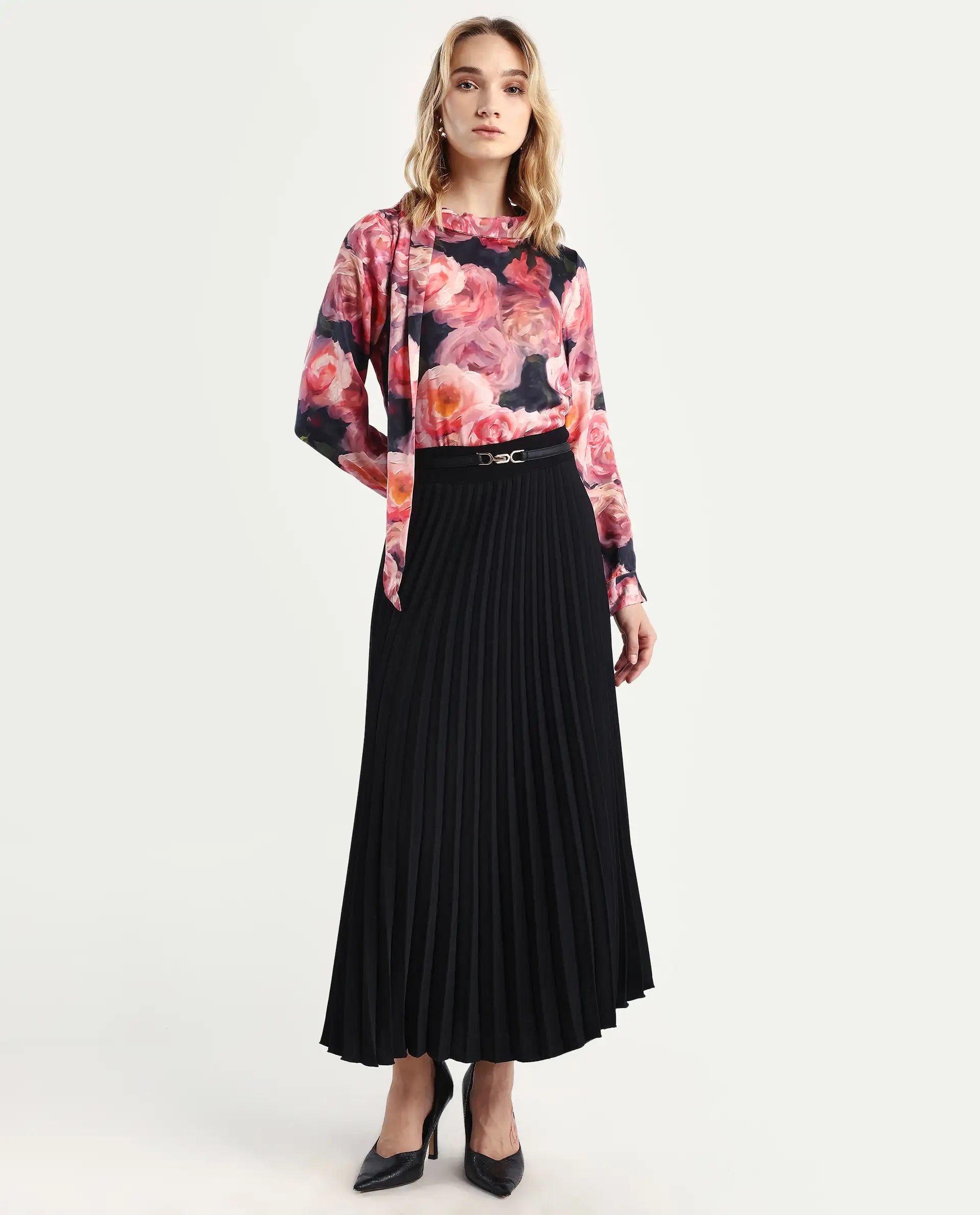 Rareism Women's Oudid Multi Cotton Blend Cowl Neck Floral Print Cuffed Sleeve Regular Fit Top