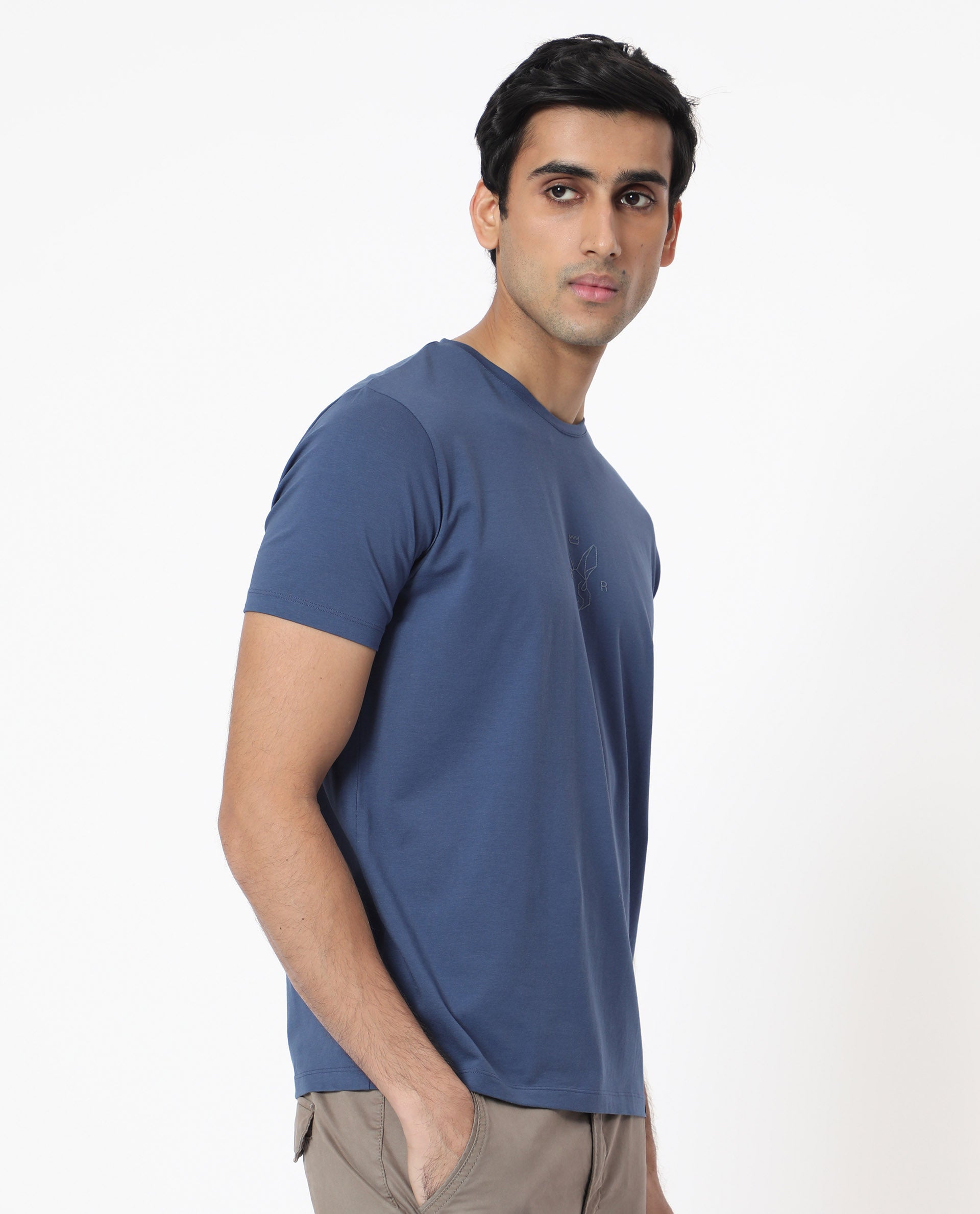 Rare Rabbit Men's Oval-1 Blue Crew Neck Half Sleeves Regular Fit Twill HD Logo Print T-Shirt