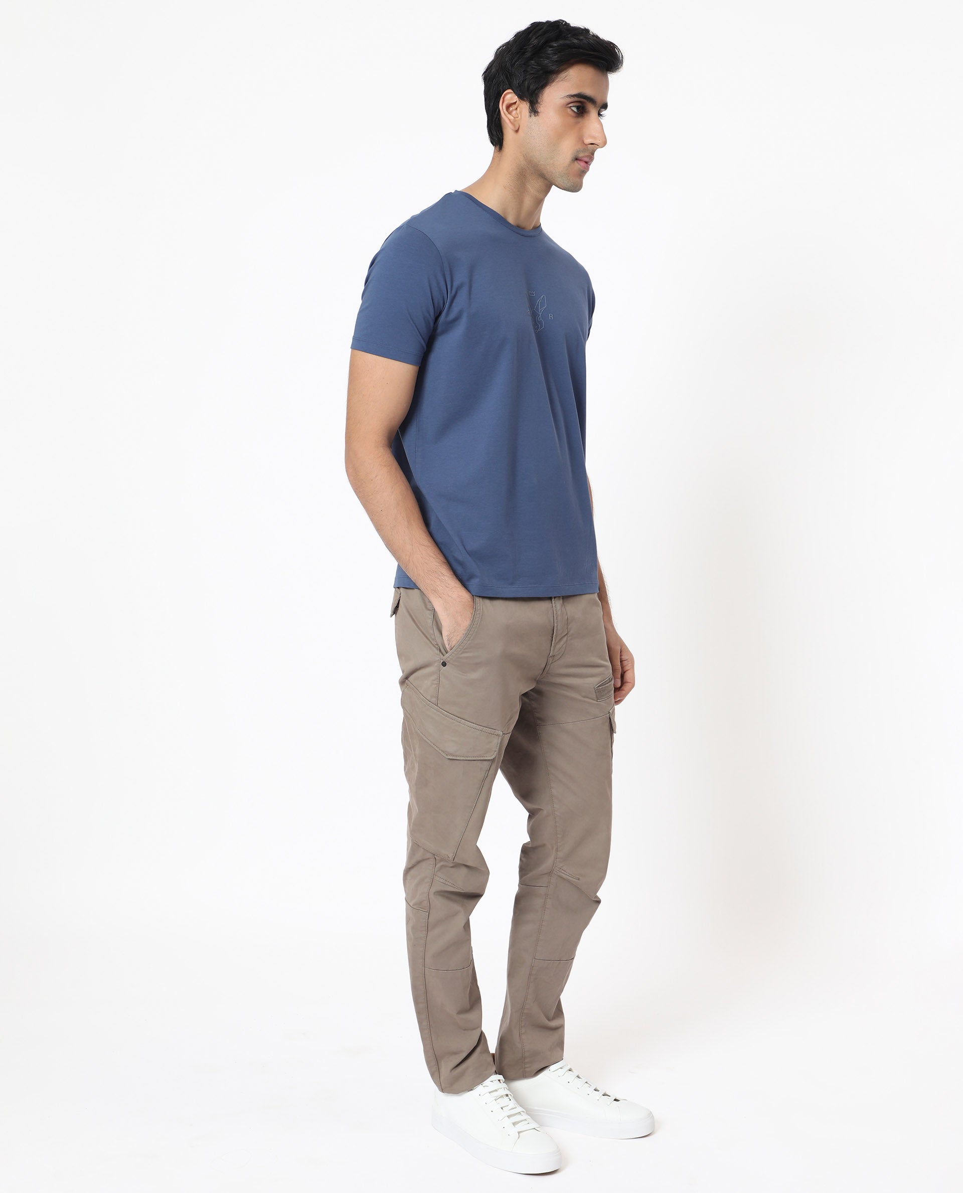 Rare Rabbit Men's Oval-1 Blue Crew Neck Half Sleeves Regular Fit Twill HD Logo Print T-Shirt