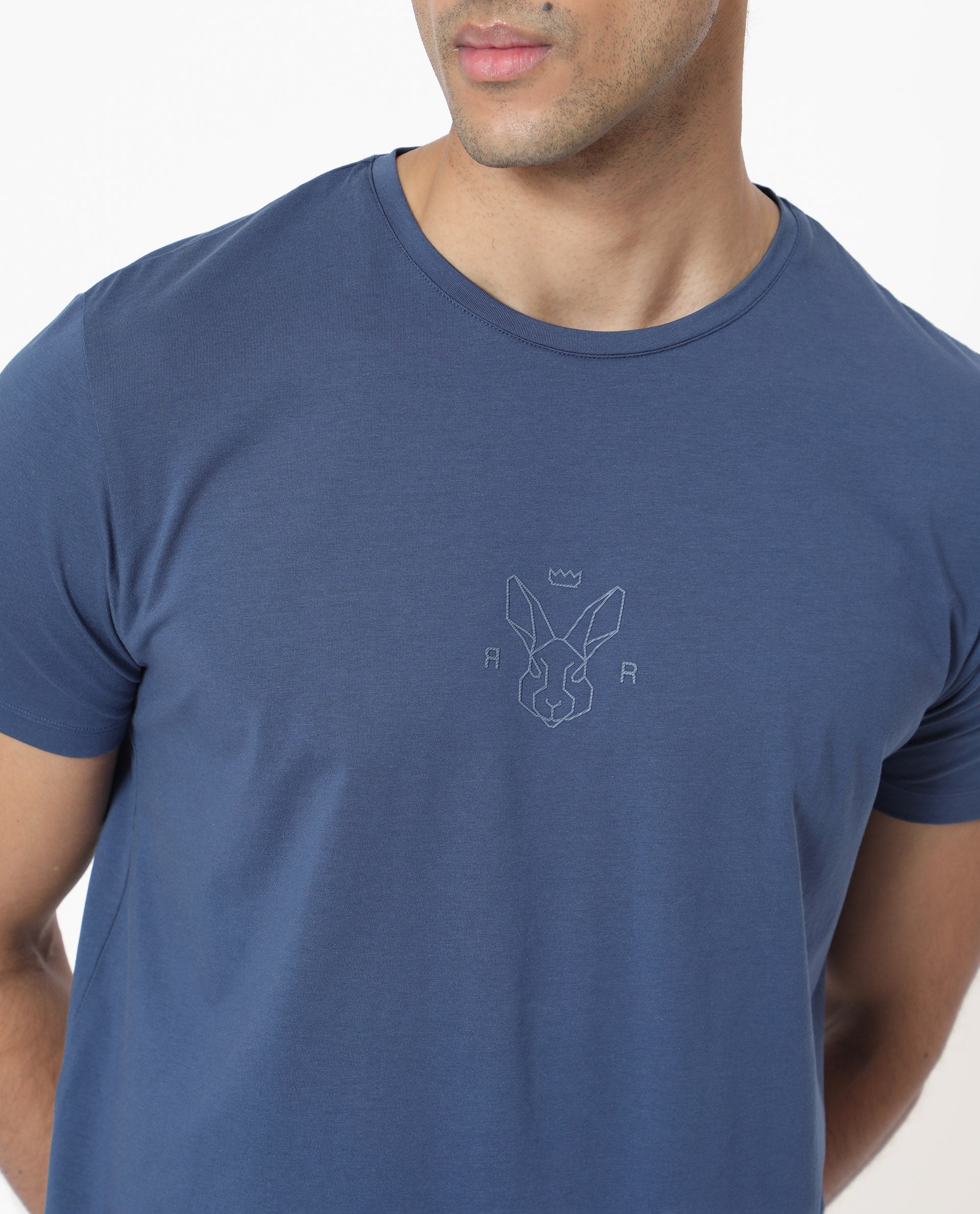 Rare Rabbit Men's Oval-1 Blue Crew Neck Half Sleeves Regular Fit Twill HD Logo Print T-Shirt