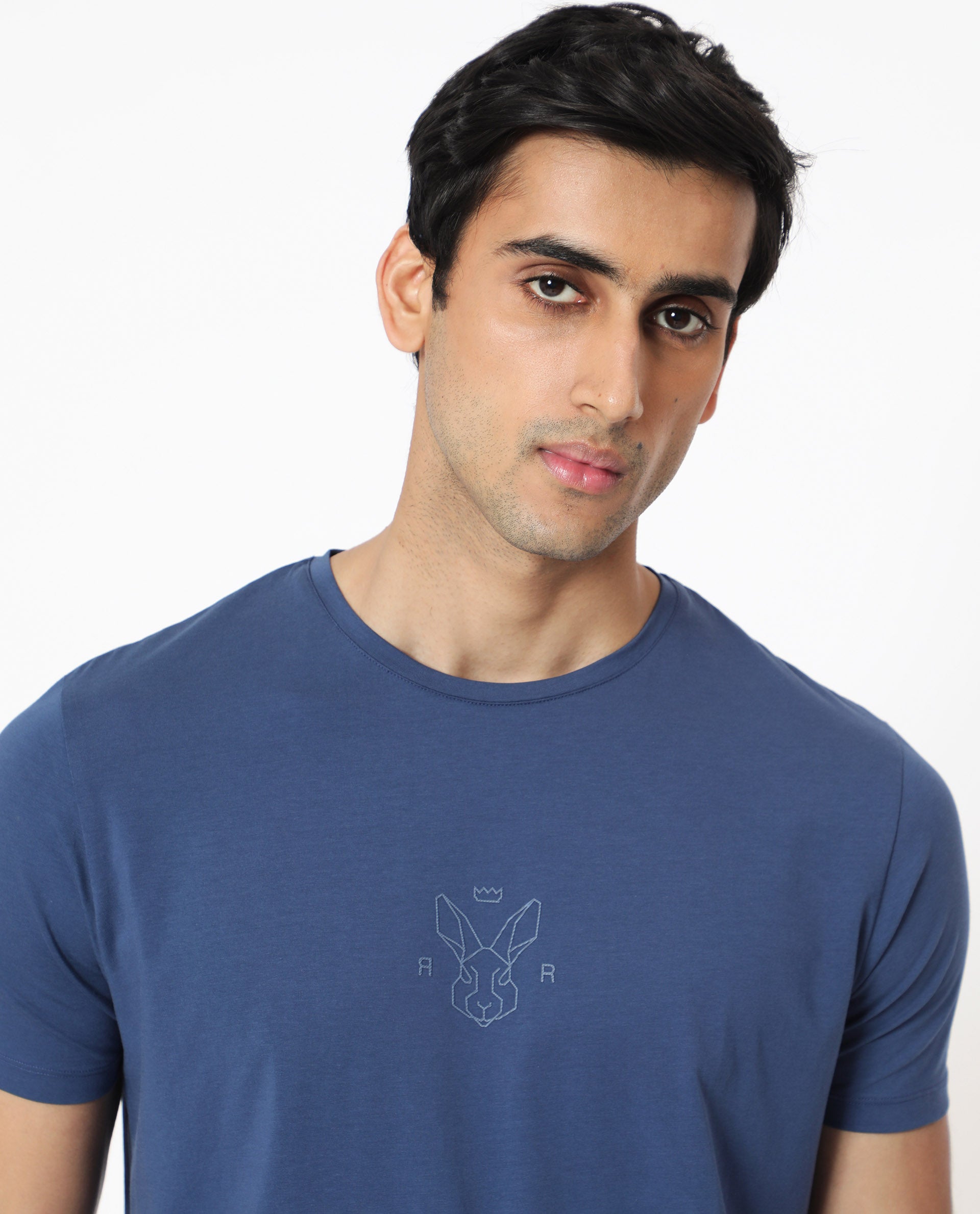 Rare Rabbit Men's Oval-1 Blue Crew Neck Half Sleeves Regular Fit Twill HD Logo Print T-Shirt